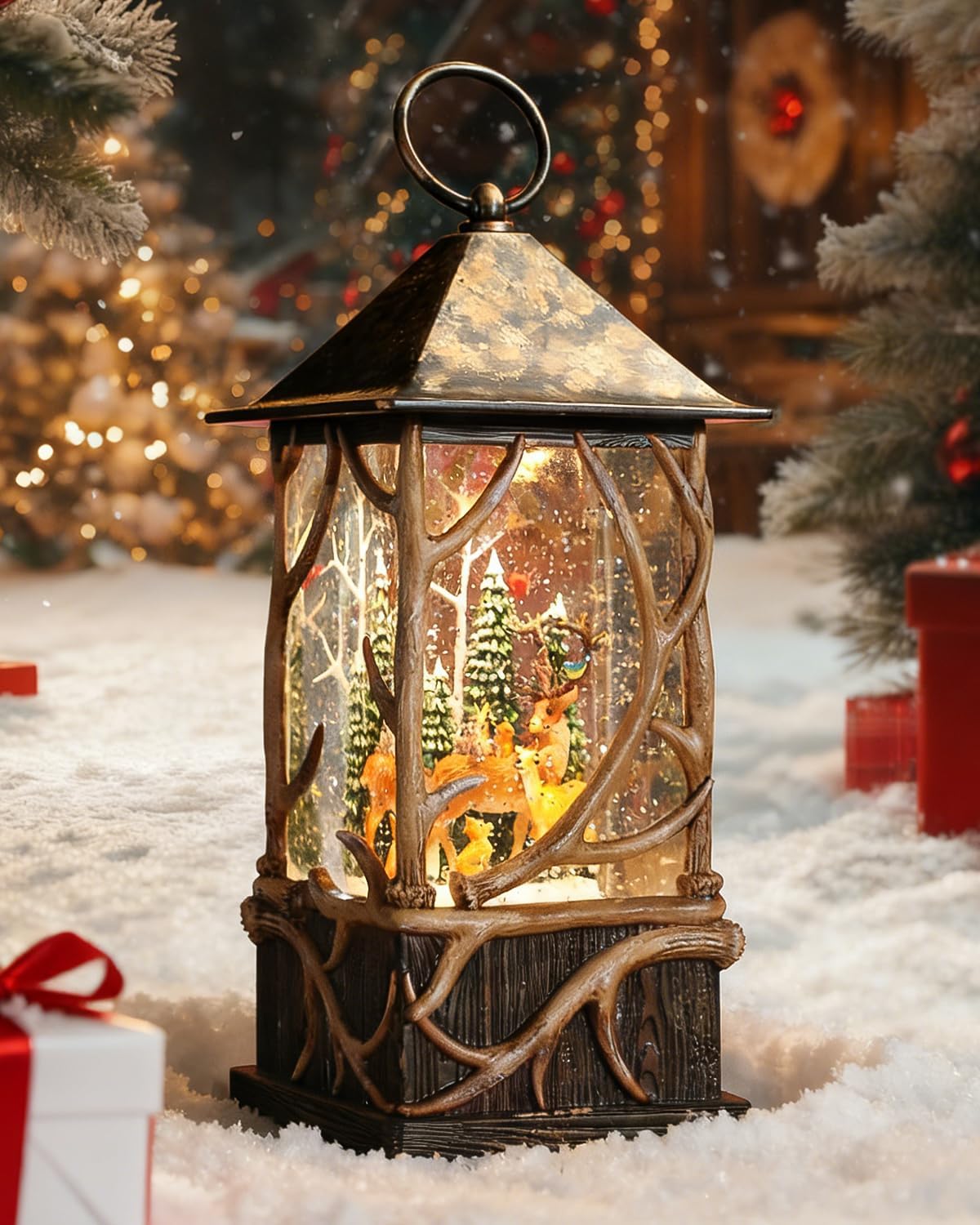 Christmas Snow Globe Lantern with Winter Forest Reindeer Cardinals for Christmas Decorations, with Music and Lighting Features,USB or Battery Operated