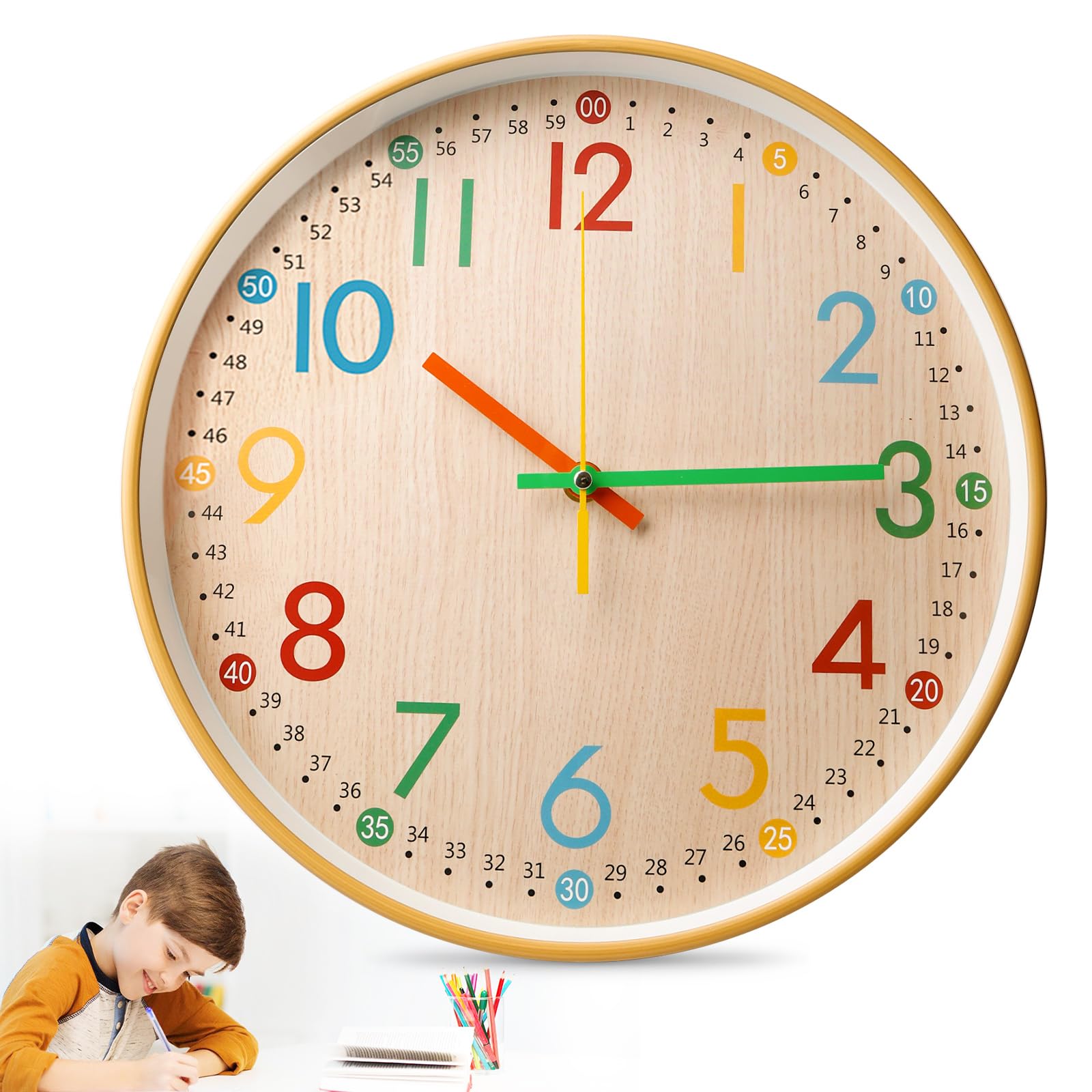 Reloj de pared infantil sin ruido de tictac, reloj de pared para habitación infantil, 30 cm, reloj de pared para niños, reloj de pared sin ruido de tictac, reloj de pared con números coloridos, reloj