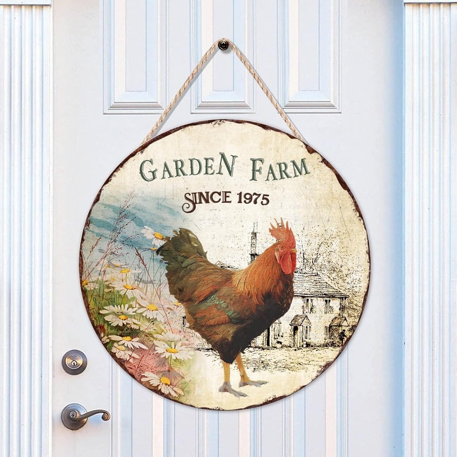 Garden Farm Since 1975 Wood Door Sign Rustic Front Door Sign 16x16in Rooster Wall Door Hanging Sign Farmhouse Backyard Door Hanger Wall Decor Housewarming Gifts