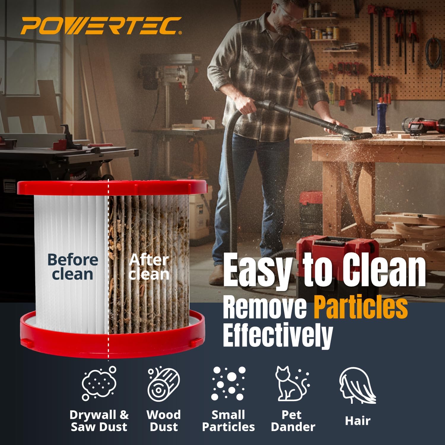 POWERTEC 49-90-1900 Wet Dry Vacuum Filter for Milwaukee M18 0880-20, 0970-20 & M12 0960-20 Cordless Vacuum 4 Pack, HEPA Cartridge Filter Replacement for Milwaukee Cordless Shop Vacs (75132-P2)