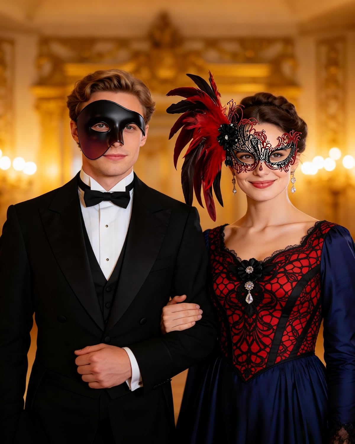 Zinniday Couples Masquerade Mask Set, 2 Pcs Venetian Masquerade Masks with Feathers Mask and Phantom of The Opera EyeMask