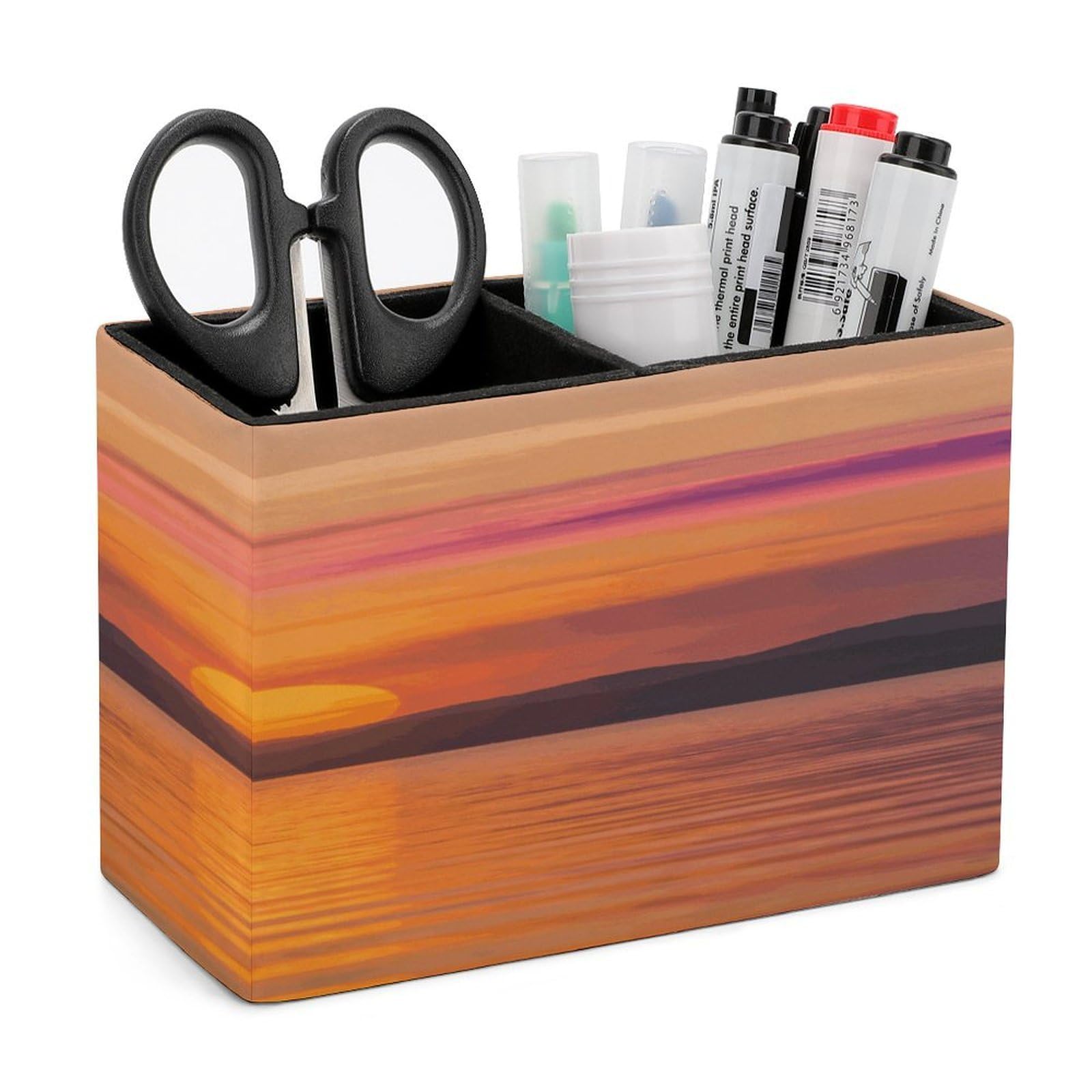 LZQPOEAS Sunrise Pen Holder Double Compartments Pen Cup Makeup Brush Holders Leather Pencil Holder Locker Organizer for Work Locker Accessories Modern Pencil Cup for Desk