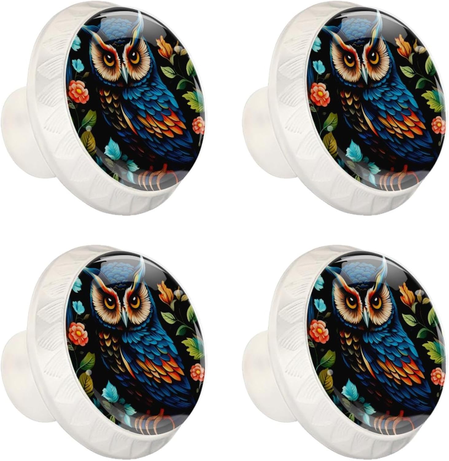 NEWzone 4 Pack Cabinet Knobs Florals Owl, White Cabinet Pulls Kitchen Cabinet Knobs, Round Drawer Knobs for Dresser Drawers Cabinet Hardware Cupboard Wardrobe Pulls Handles