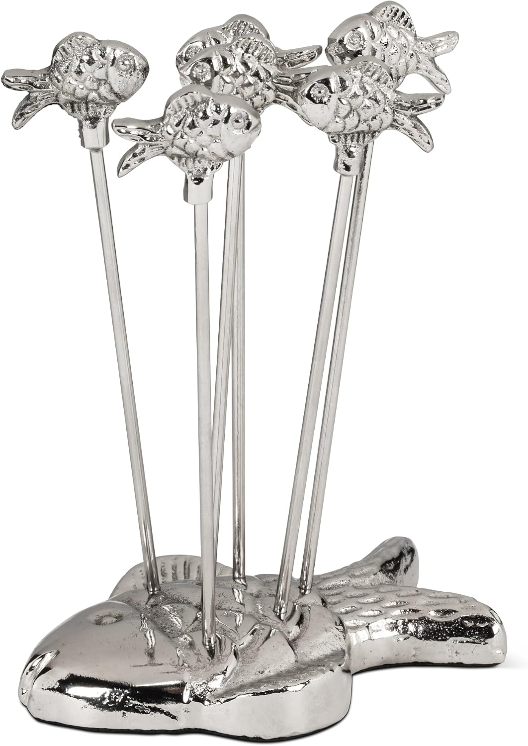 Set of 6 Fish Picks and Fish Shaped Holder | Nickelplated Stainless Steel, 3.5"L