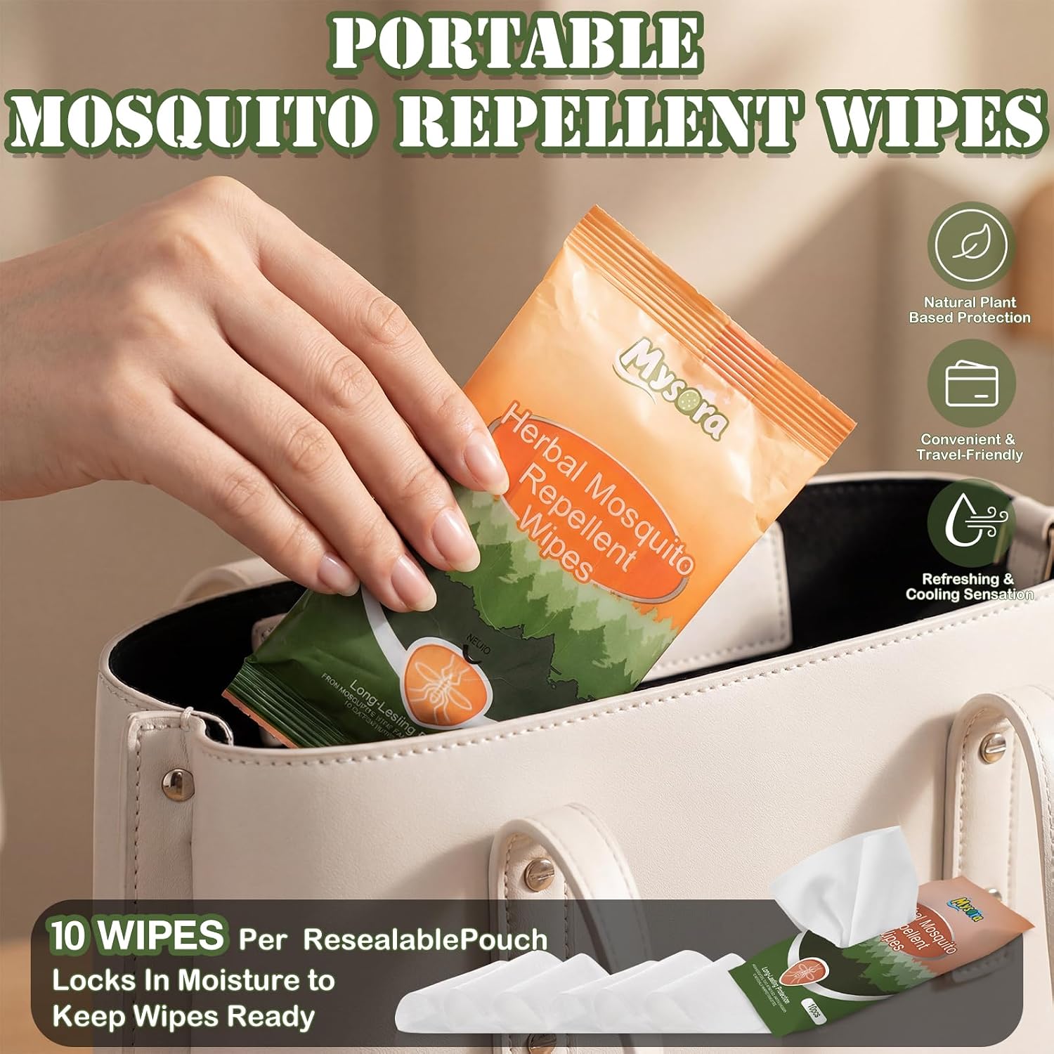 10 Pack 100/200 Wipes Total Mosquito Repellent Wipes, Plant-Based with Lemongrass & Peppermint Oil, Fresh Scent & Non-Greasy, Travel-Friendly
