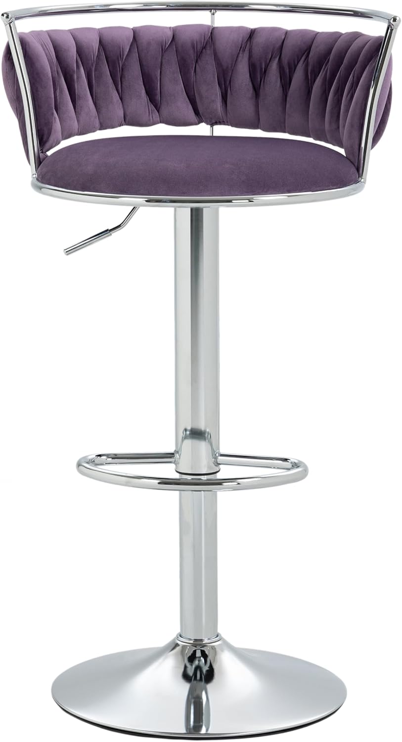 2 Pack Velvet Bar Stools Swivel Adjustable Height Counter Stools with Low Back & Footrest, Modern Silver Frame Bar Stools for Kitchen Island, Bar - Purple