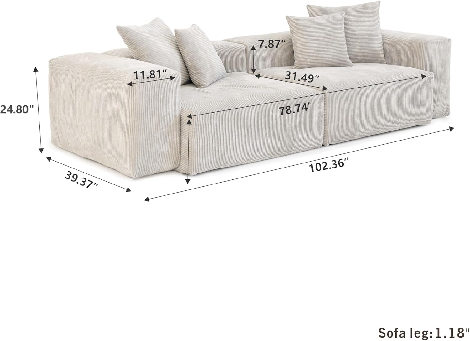 Modular Sectional Sofa, 102.36inch Loveseat Sofa, Corduroy Fabric Upholstered Couch with 4 Pillows, Beige Sofa Couches for Living Room, Office, Apartment