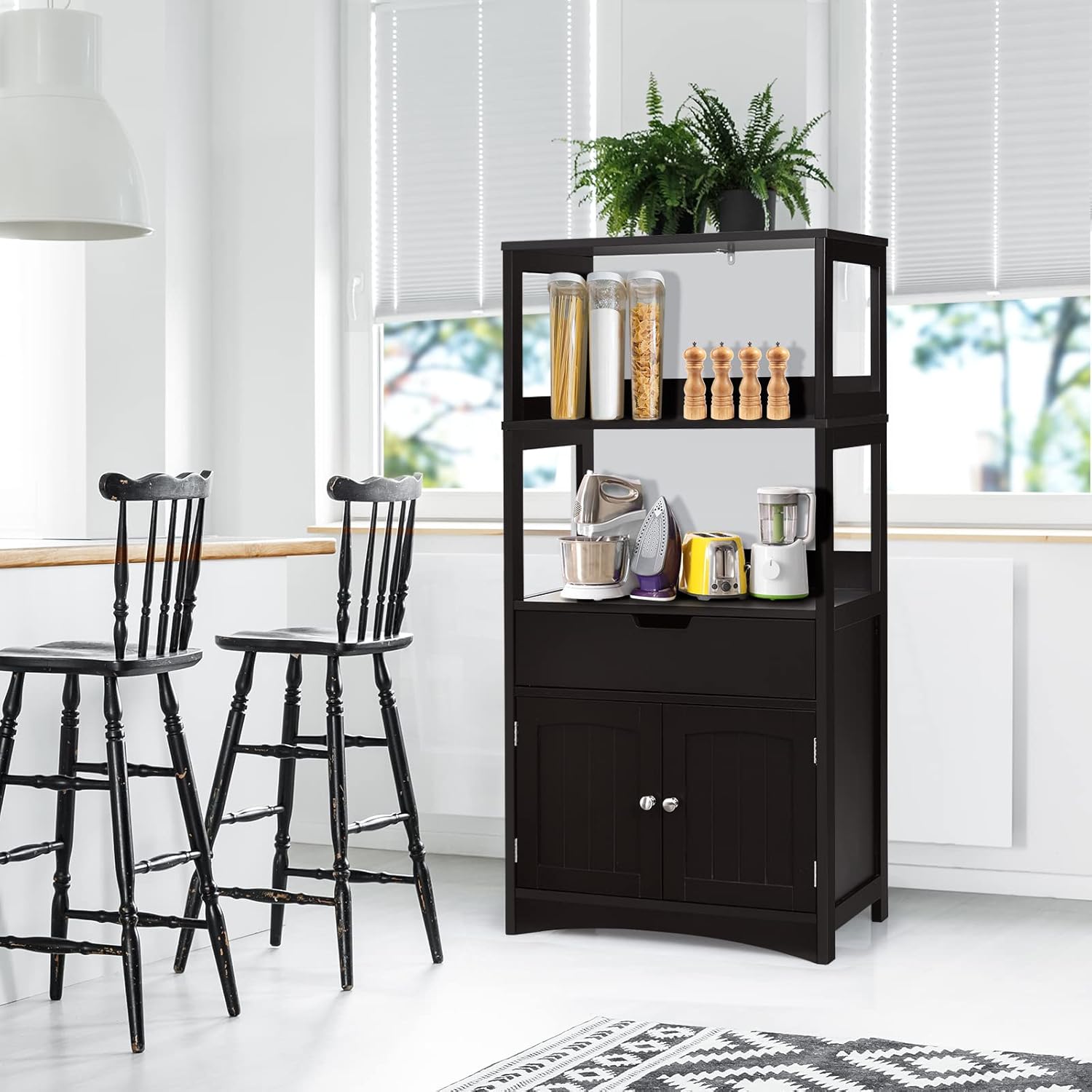 HAPPYGRILL Bathroom Floor Cabinet, Floor Bathroom Storage Cabinet with 2 Open Shelves, Drawer & Door, Anti-Toppling Mechanism, Freestanding Bathroom Cabinet Organizer for Living Room Entryway Kitchen