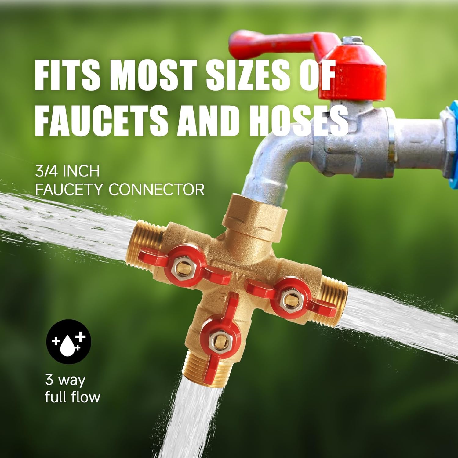 Garden Hose Splitter 3-Way Y Valve – Heavy Duty Solid Brass Water Splitter with Aluminum Red Handle, 3/4" GHT Thread, High Flow Tap Splitter for Outdoor Faucet, Lawn, Irrigation, Washing