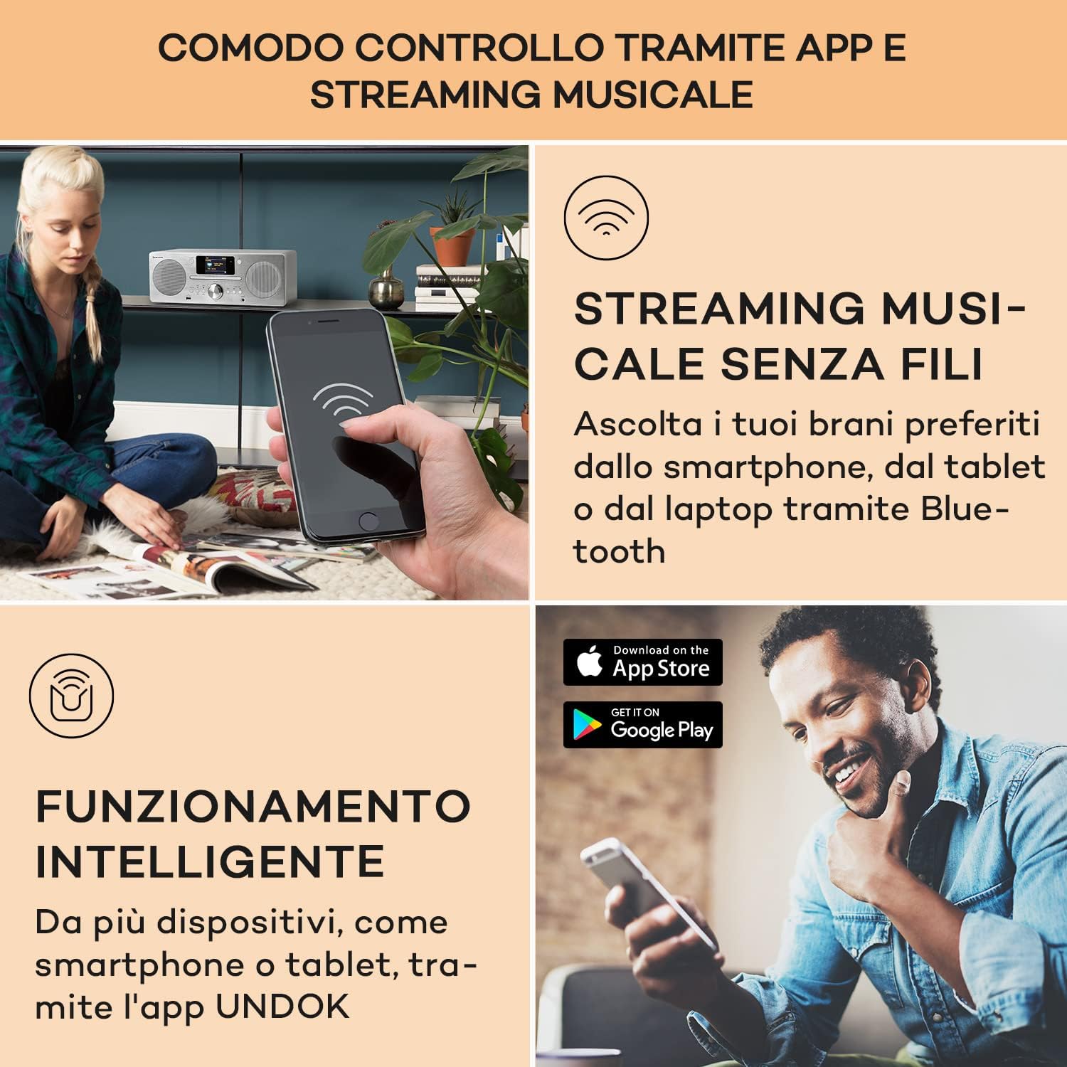 User controlling the Auna DAB Portable Radio with a smartphone app