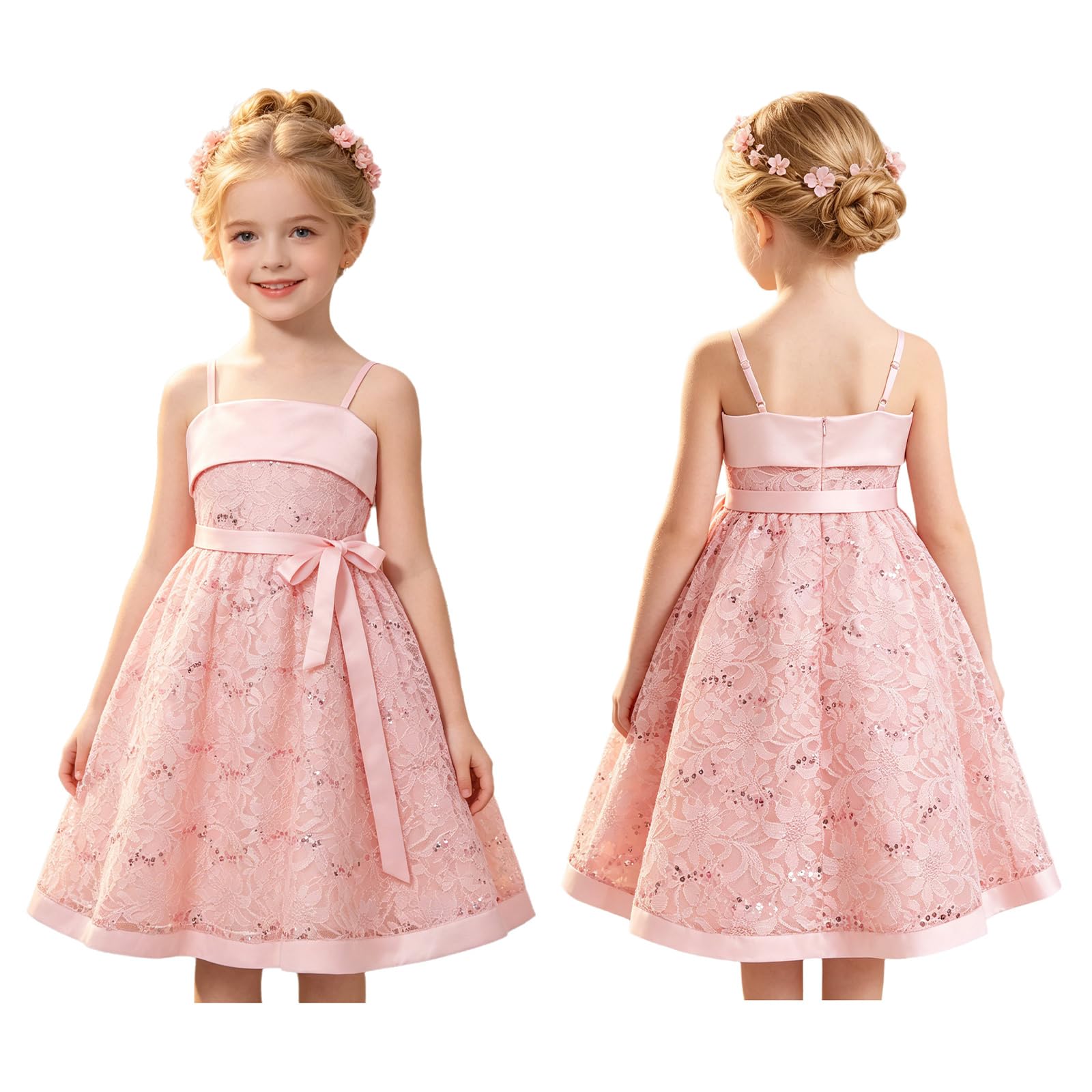 Mädchen Kleid Festlich Spaghettiträger Spitzen Blumenmädchenkleid