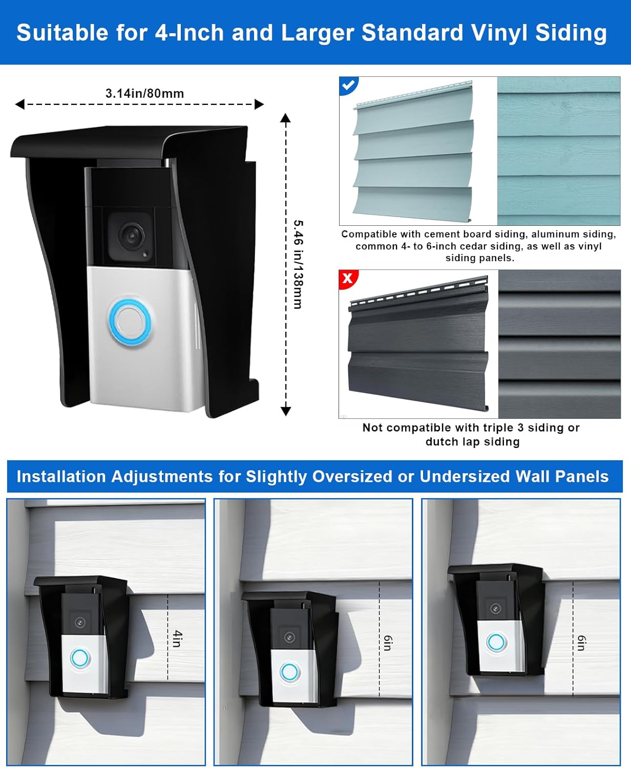 Vinyl Siding Doorbell Mount Bracket for Ring Video Doorbell Plus/ Pro/ 1/ 2/ 3/ 4/ (2020 Release)/ Wired/ Blink, Camera Doorbell Angle Mounting Wedge Kit (Fits Vinyl Siding of 4" and Above)