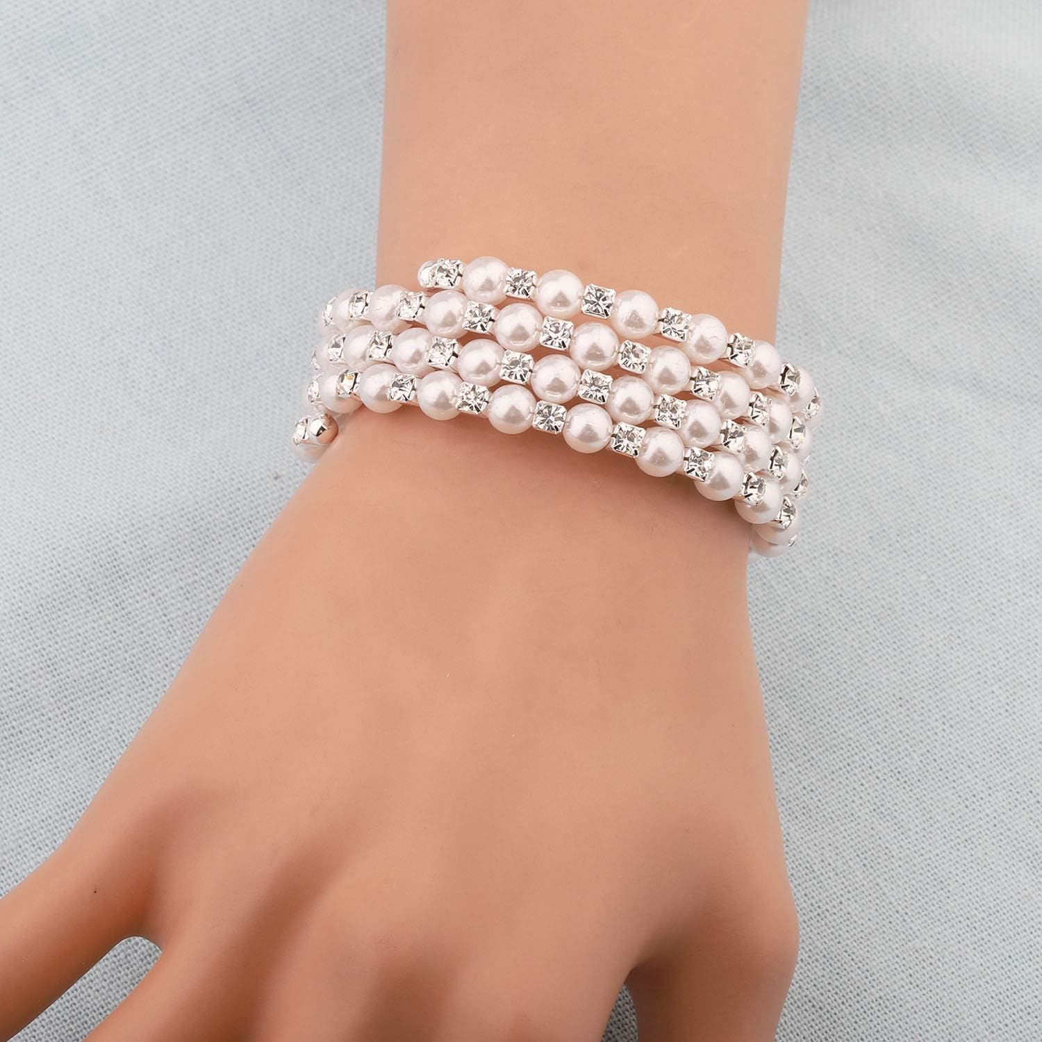 bobauna Multilayer Pearl Rhinestone Wrap Cuff Bracelet Wedding Party Jewelry Gift For Bridal Bridesmaid