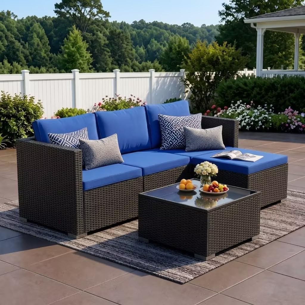 WWR Patio Furniture Set 5 Piece - Wide Armrests - All-Weather Wicker Rattan Outdoor Conversation Couch Sets, Modular Sectional Sofa for Garden, Patio, Poolside, Backyard, Balcony, Porch
