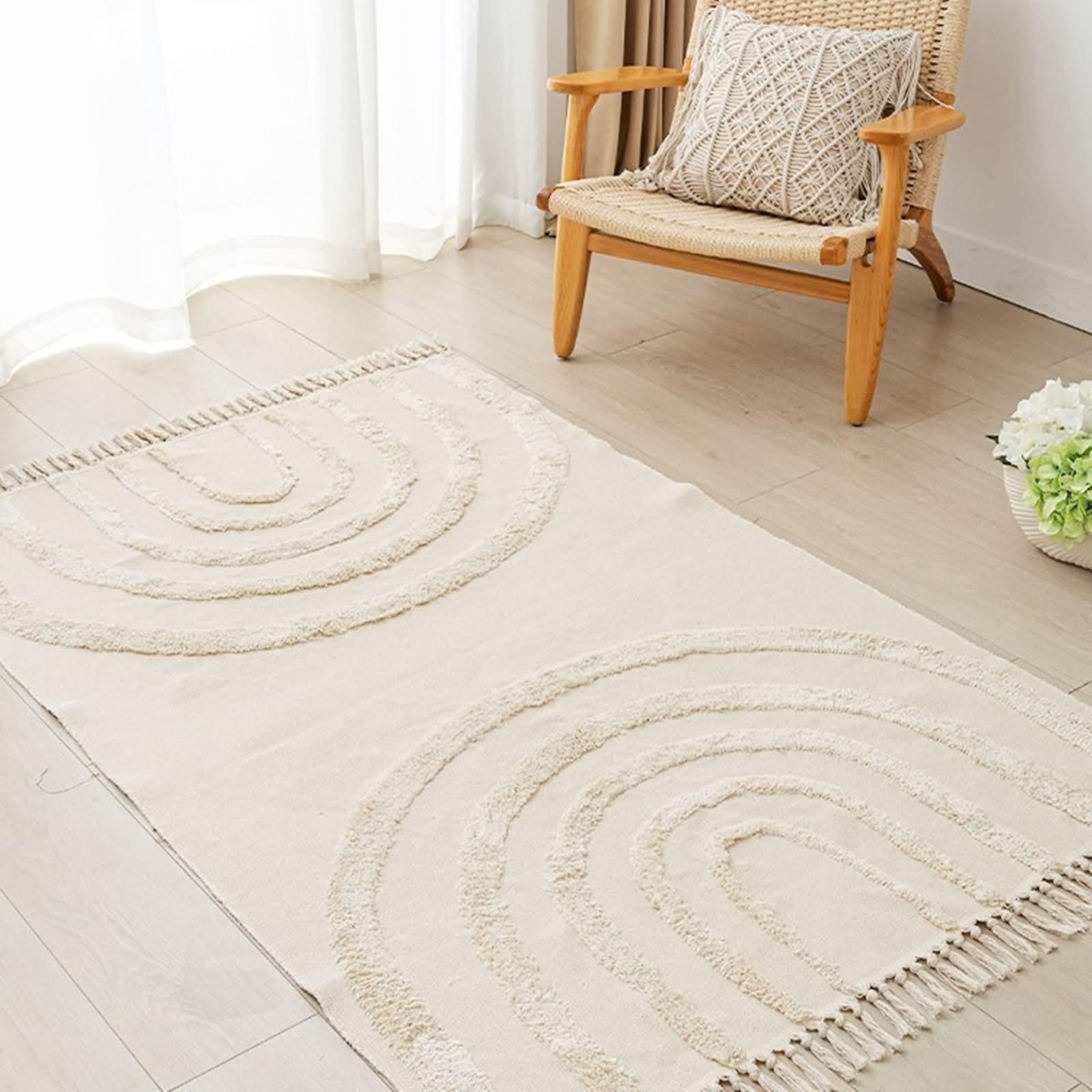 Dywan mały do salonu, dywan do użytku na zewnątrz, 120 x 180 cm, beżowy, biały, prostokątny, łukowy wzór z frędzlami, bawełna i len