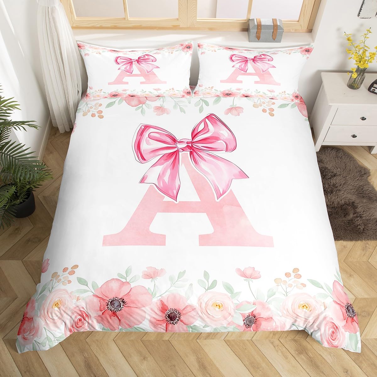Initial Letter A Duvet Cover For Kids Girls Teen Women, Pink Bow Tie Bowknot Bedding Set, Spring Fresh Style Comforter Cover Soft Breathable Microfiber Bed Sets Super King 3 Pieces