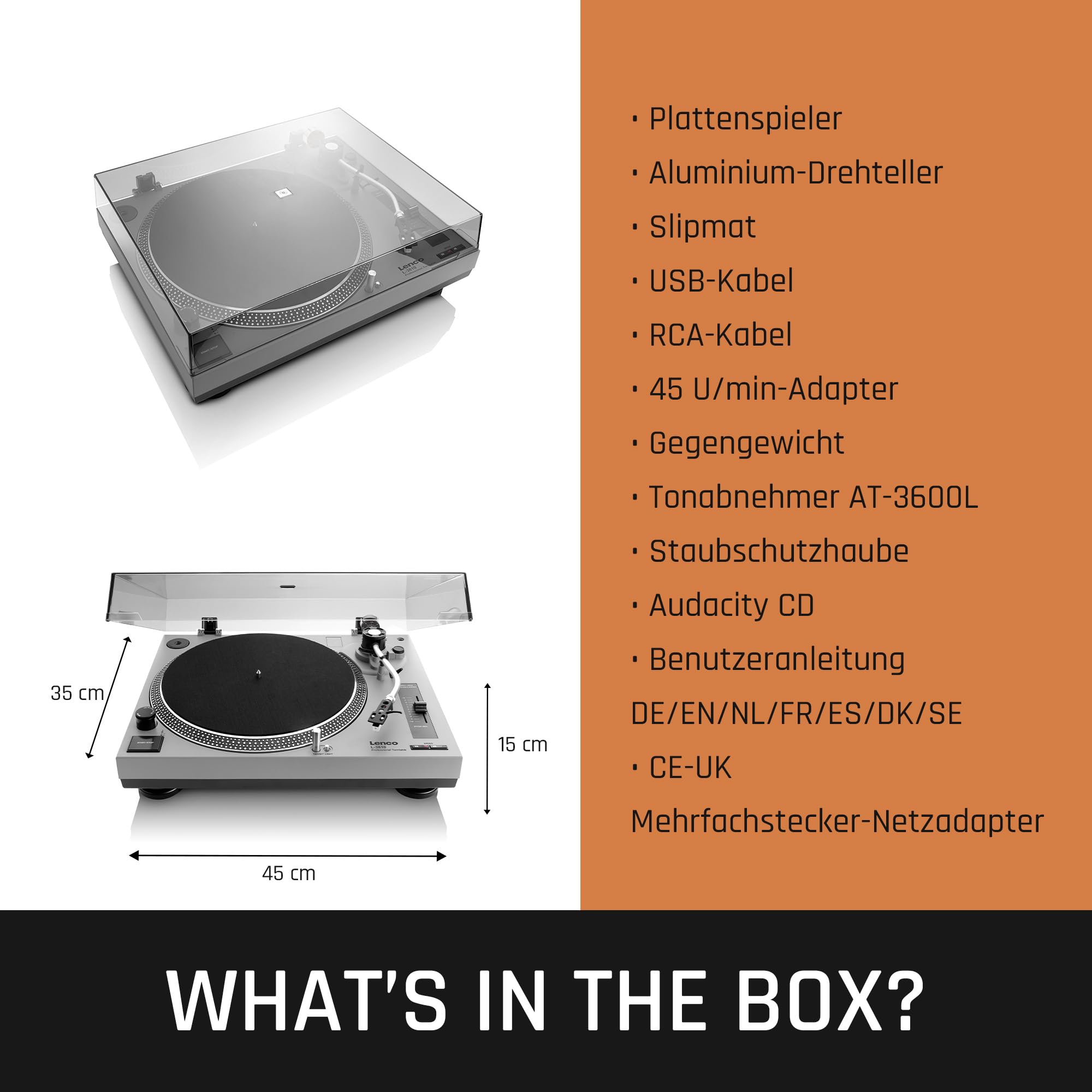 Lenco L-3810GY - Plattenspieler - Schallplattenspieler - Vinyl Player | L-3810 - 33/45 U/min - Pitch-Control - Magnet-Tonabnehmer-System - Nadelbeleuchtung - Pitch-Control