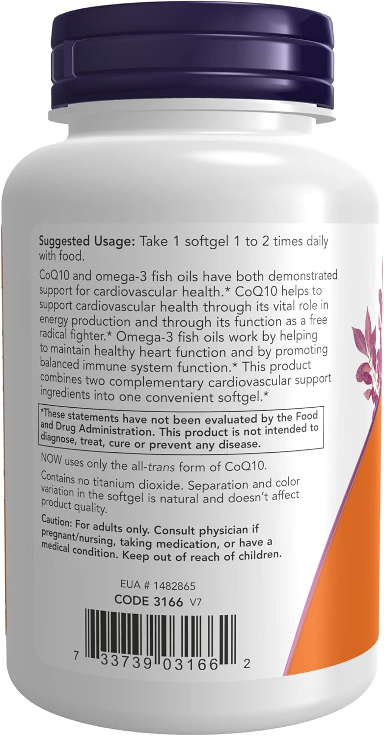 NOW Supplements, CoQ10 60 mg with Omega 3 Fish Oil, Cardiovascular Health*, 120 Softgels : Health & Household