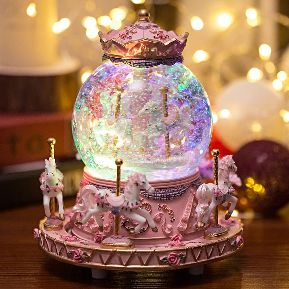 - LOVE FOR YOU Gift-Wrapped Musical Snow Globe Carousel Music Box Color Lights Horses Unicorn Decor Gifts for Girls and Daughter Granddaughter Niece Women Kids Christmas Birthday