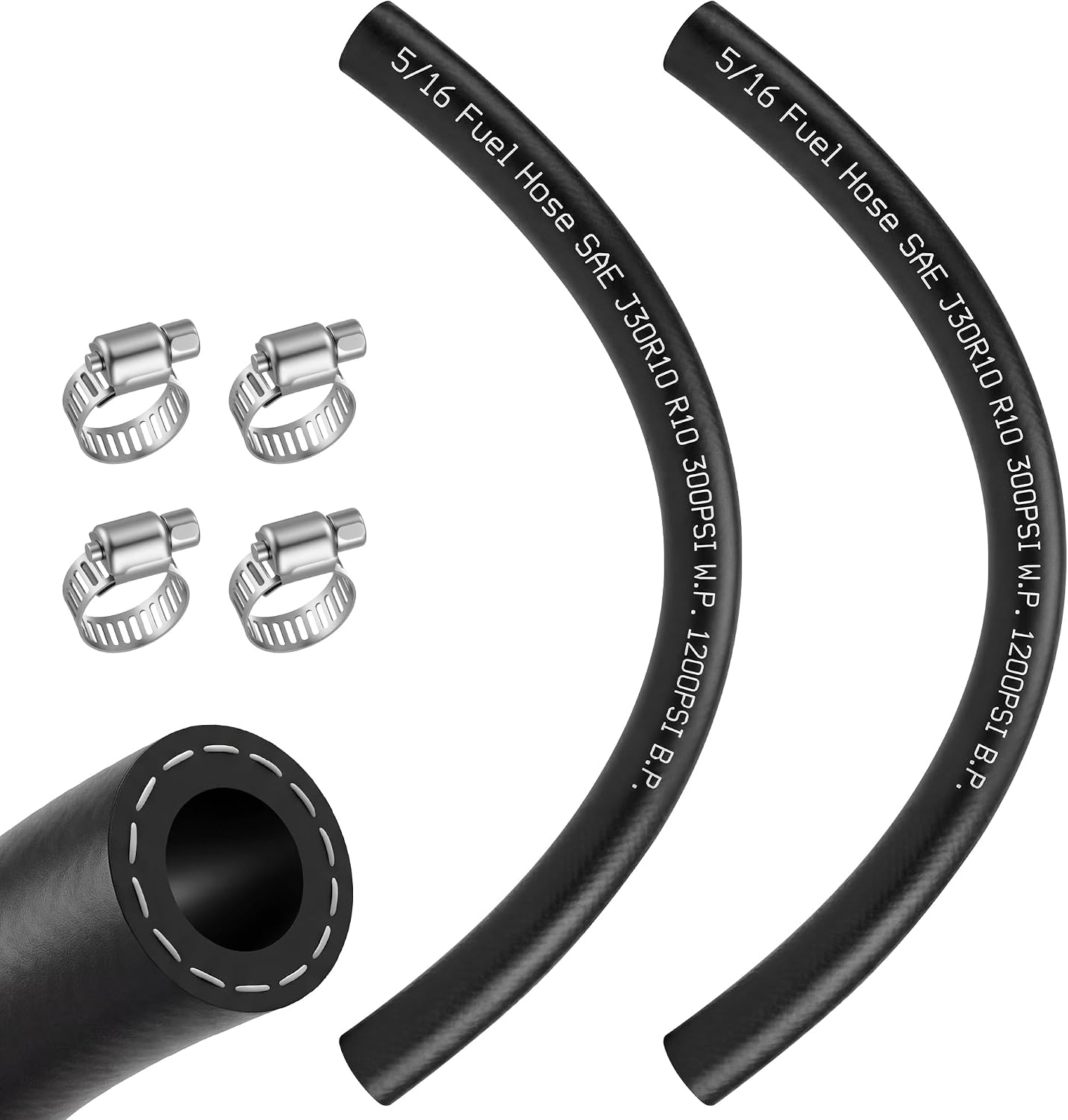 2 Pack 5/16" 1FT Submersible Fuel Hose SAE 30R10 In-Tank Fuel Line for E85 Gasoline Diesel - High Pressure 300 PSI Pump Hose with 4 Clamps for Automotive Marine Injection Systems