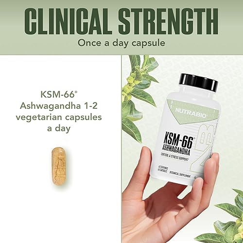 Miniatura 5 de NutraBio Ashwagandha KSM-66 Suplemento de hierbas Ashwagandha para el estrés, el estado de ánimo y el rendimiento 600 MG de KSM66 clínicamente