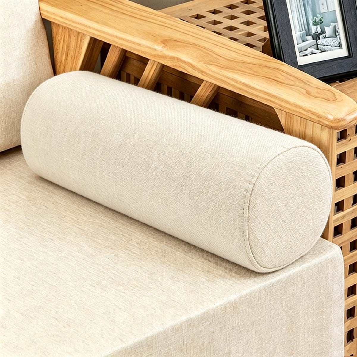 Akuops Round Bolster Cushion, Cuddly Soft Linen Neck Pillow, Knee Roll Cushions, Round Back Lumbar Elbow Support for Armrest at Sofa & Bed, Compact and Lightweight (60x20cm,Beige)