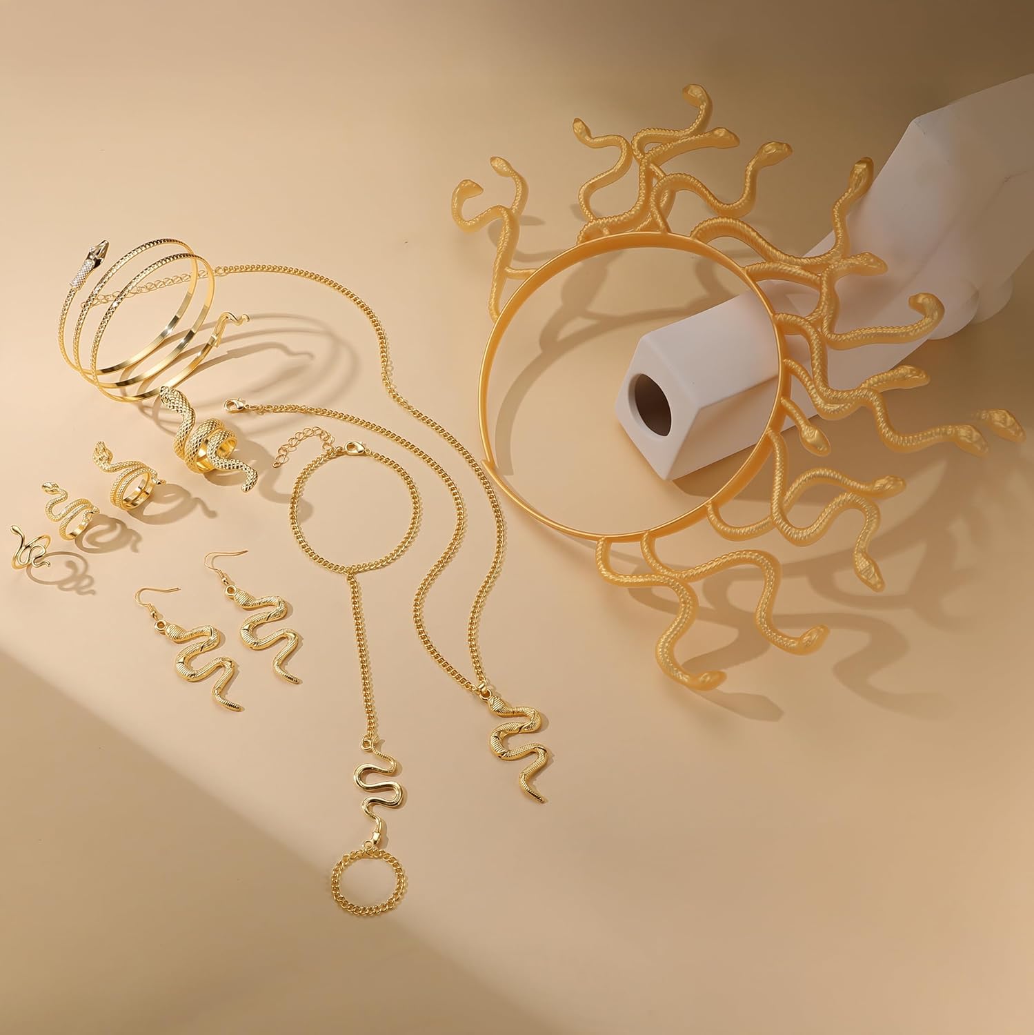 Mujahid 9 Pcs Medusa Costumes Accessories Set for Women - Gold Snake Jewelry Headpiece Bracelet Necklace Earrings Rings Leg for Cosplay Party Dress-Up Parties Carnival Funfair - Image 4