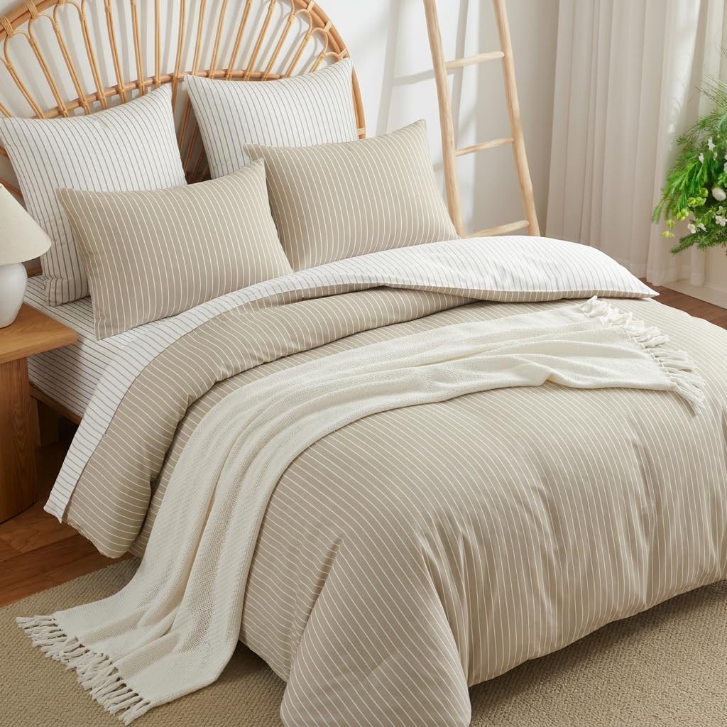 Nayoroom Striped Duvet Cover Queen Reversible Brown White Stripe Bedding image 2