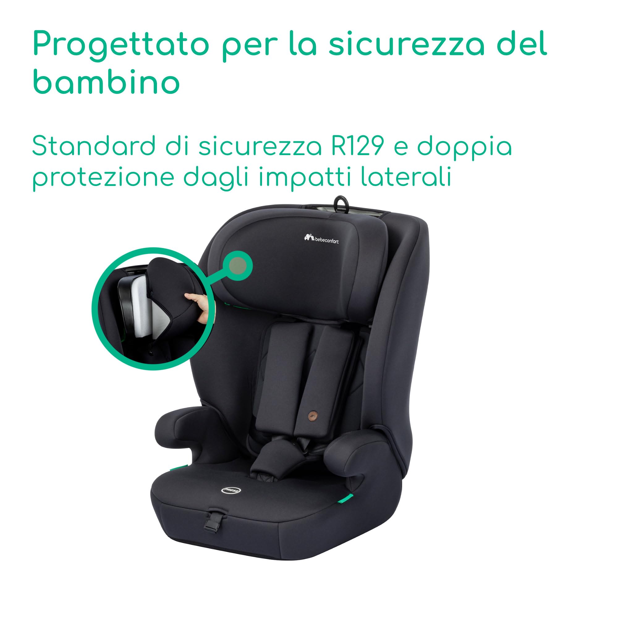 Bebeconfort Ever i-Safe, Seggiolino Auto 9-36 kg, 15 Mesi-12 Anni, 76-150 cm, Sicurezza R129, Protezione dagli impatti laterali, Poggiatesta 11 Posizioni, Braccioli Integrati, Full Black