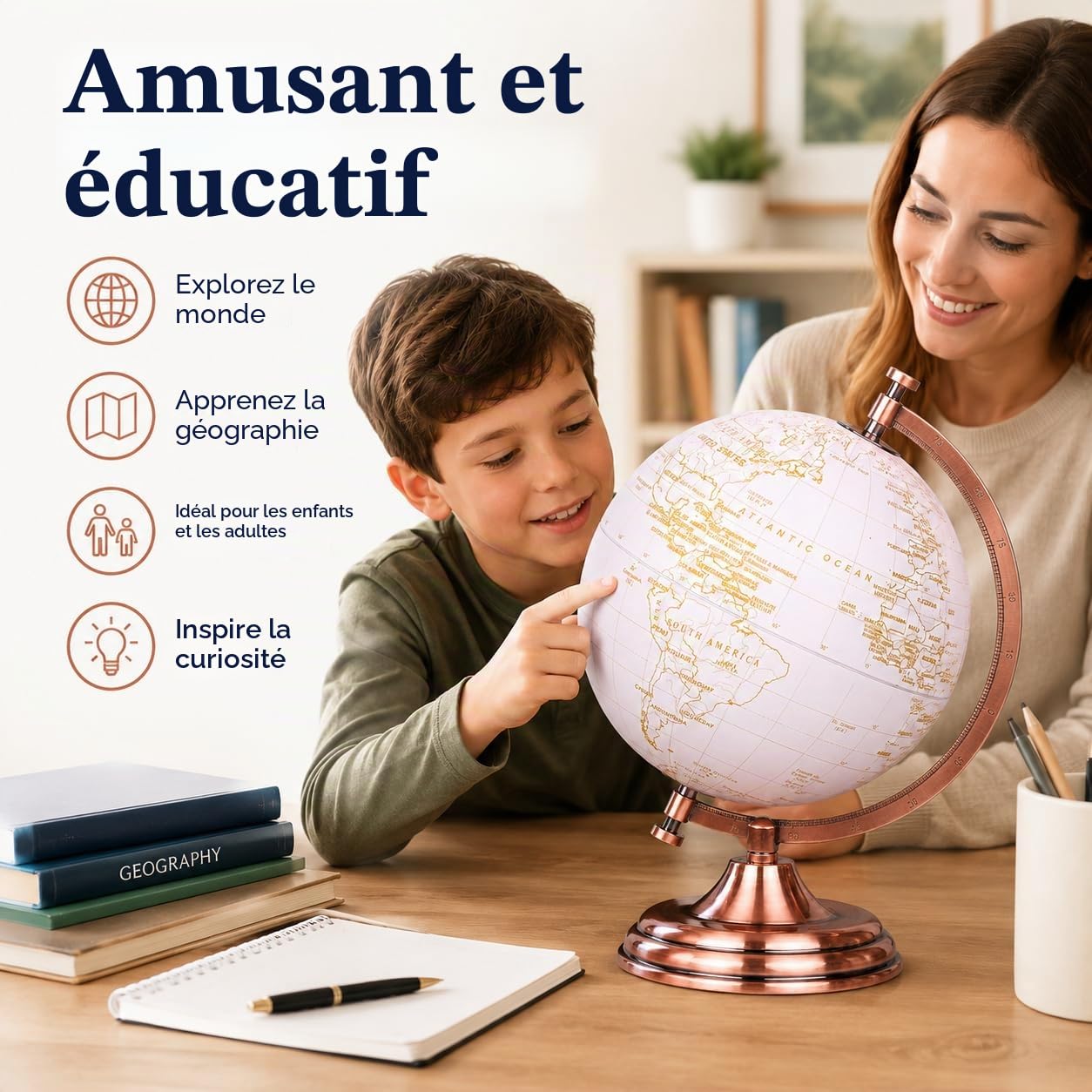 EXERZ 20cm Globe d'or Couleur Métallique - Carte en Anglais - Décoration De Bureau Éducative, Géographique Et Moderne - Arc Et Base En Métal, Revêtus De Couleur Dorée