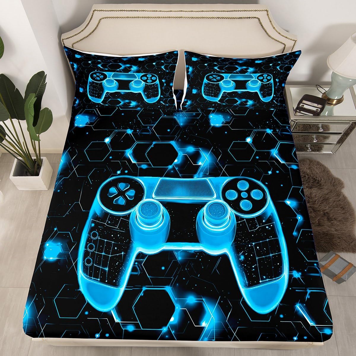 Gamepad Kids Fitted Sheet Queen Size,Neon Geometric Honeycomb Glitter Starry Sky Bedding Set,Boys Girls Room Decor,Video Gaming Controller Bed Cover,Blue Bed Sheet,2 Pillowcases(No Flat Sheet) image 4