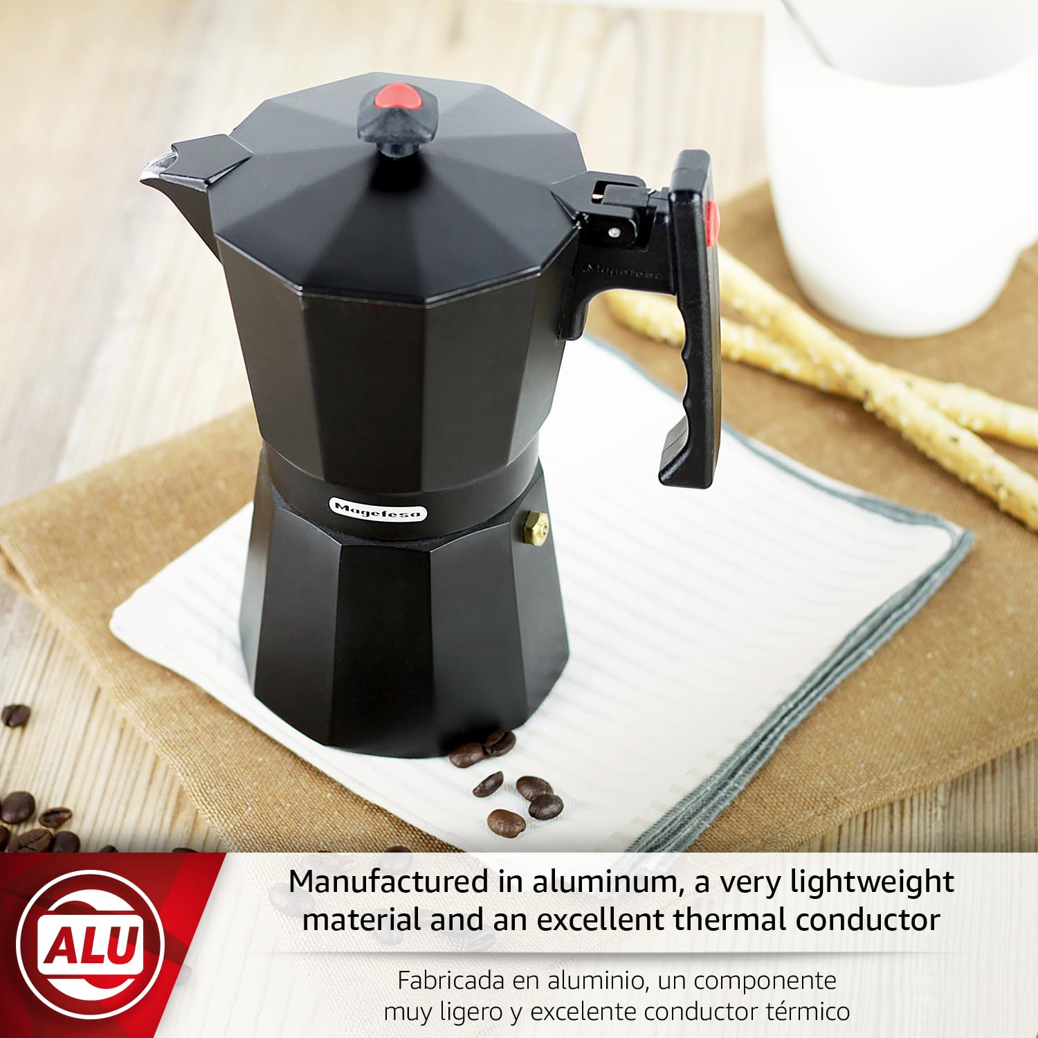 MAGEFESA ® Colombia Noir - Cafetera espresso para estufa, 3 tazas/5 onzas, haz tu propio café italiano casero con esta cafetera cubana, hecha de aluminio extra grueso, segura y fácil de usar, café