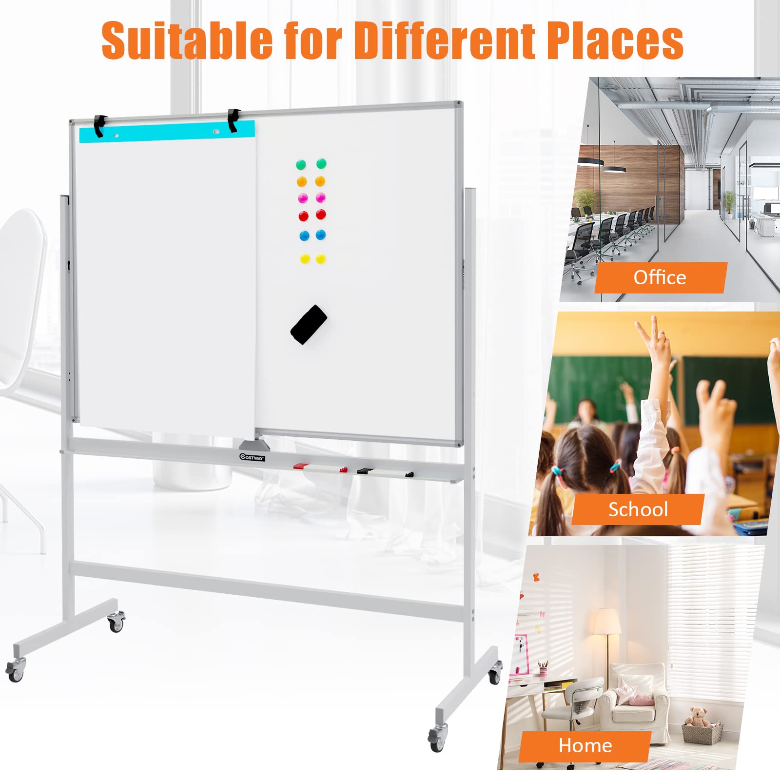 GIANTEX Mobiles Whiteboard mit Ständer, 120 x 90 cm Doppelseitige Magnettafel 160/180 cm höhenverstellbar & 360° drehbar, Magnetisch mit Stiftablage, für Schule, Zuhause & Büro (Weiß)