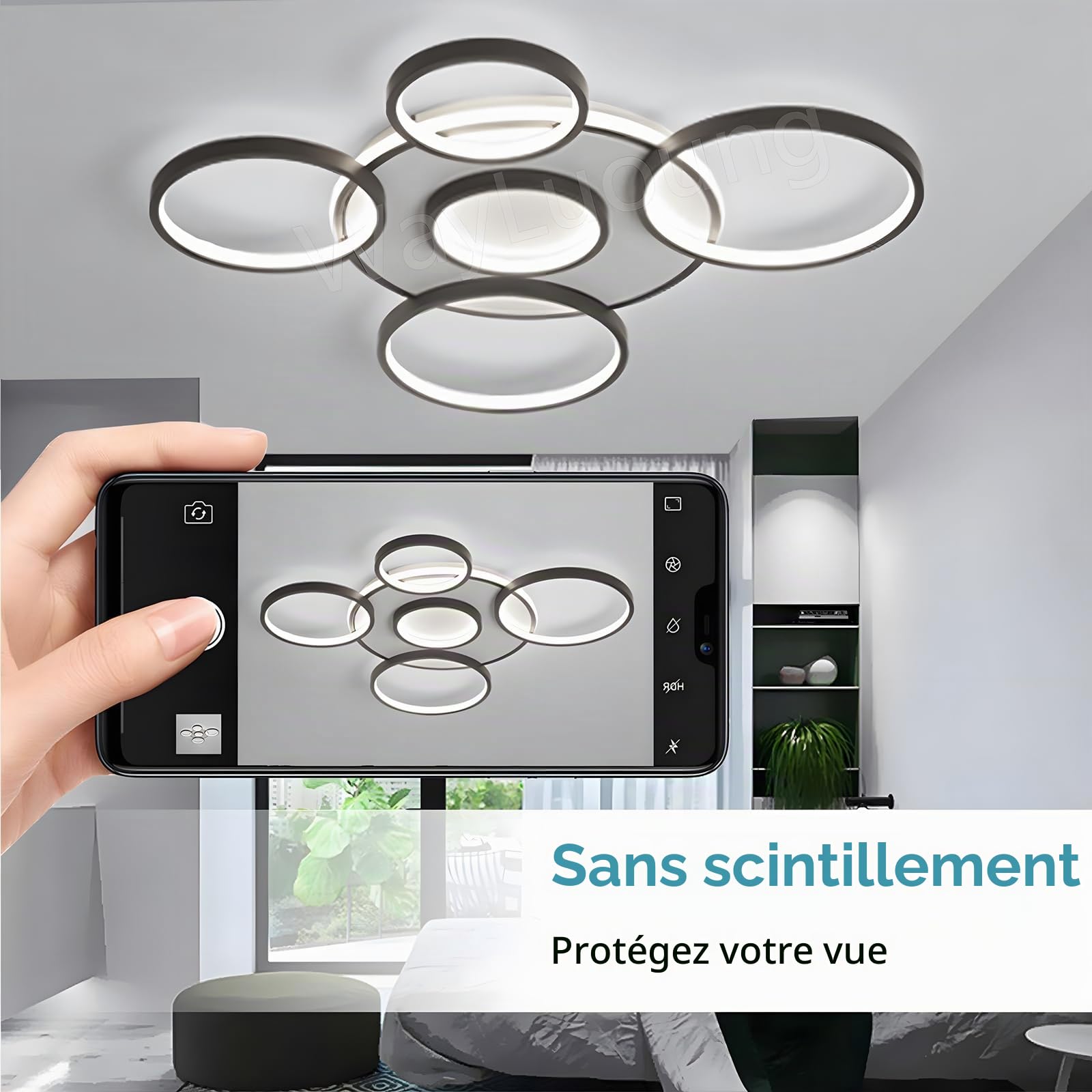 Plafonnier LED | Plafonnier De Salon Moderne À 6 Anneaux | Cercle Rond Noire 86W/Ø85cm | Plafonniers De Chambre | 2700K-6500K Dimmable Avec Télécommande | Lampe De Plafond D'Intérieur De Restaurant