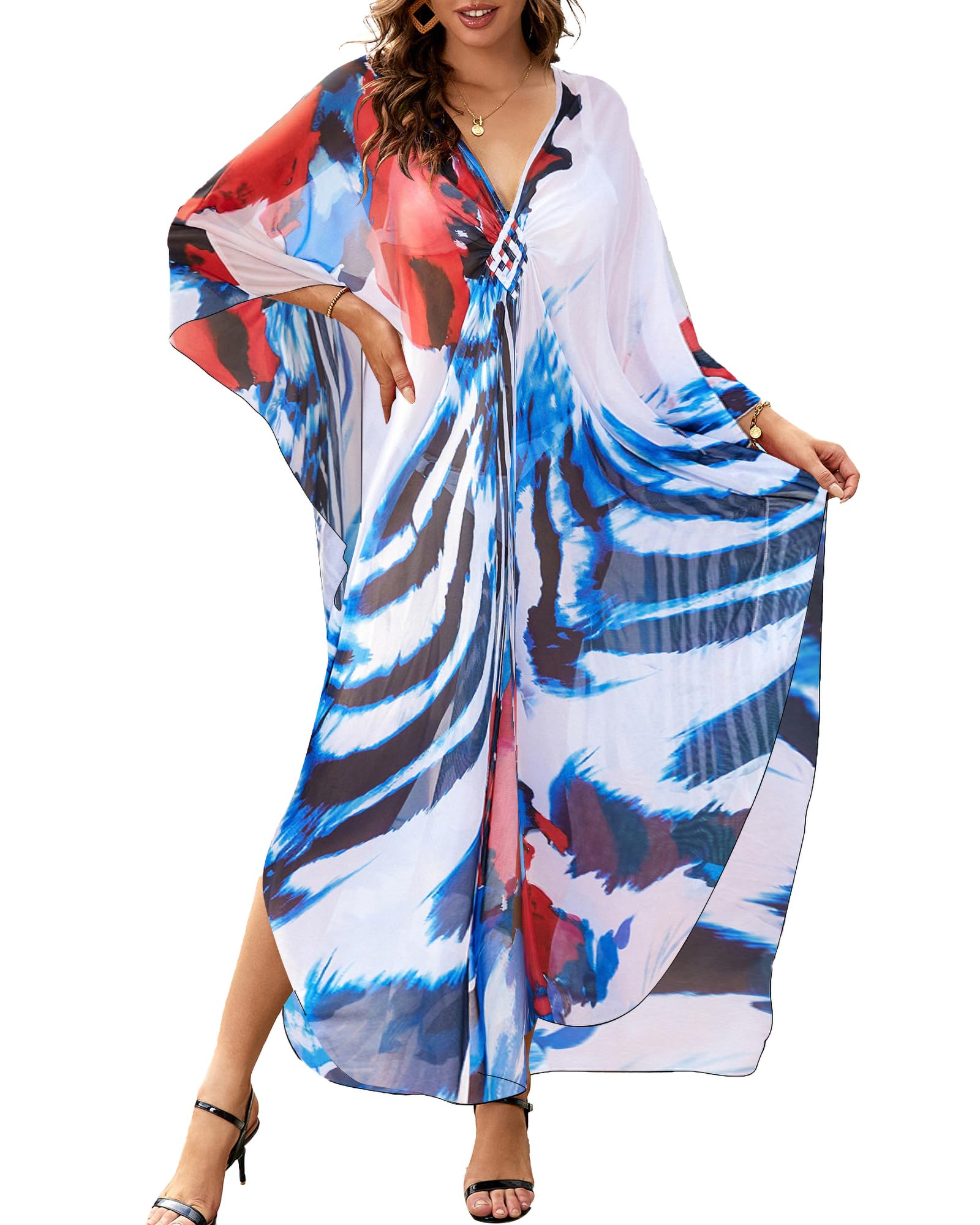 BsubseachKaftan Dresses for Women Sheer Beach Swimsuit Cover Up Batwing  Sleeve Plus Size Caftan Cover Ups