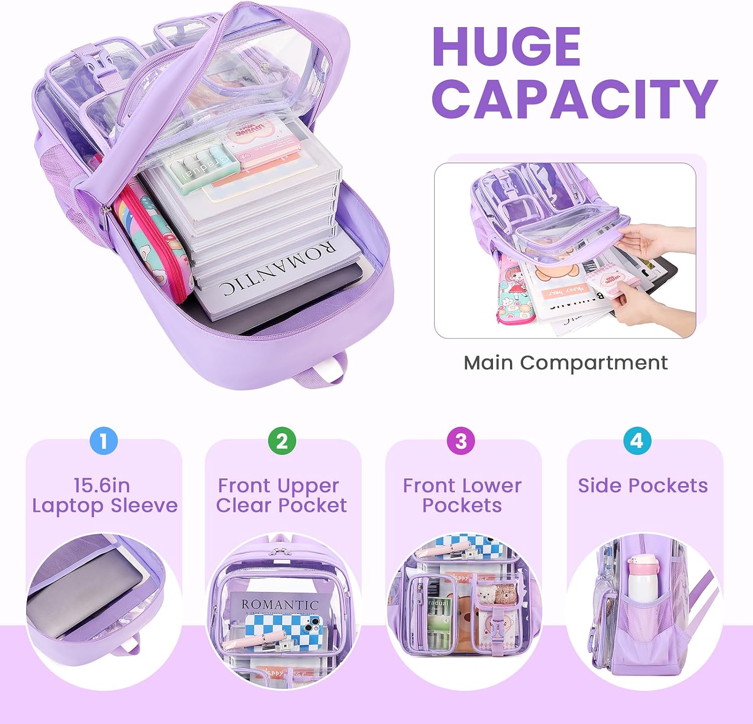 Clear Backpack for School, Heavy Duty Clear Bookbag for Girls Boys Transparent Backpack with Badge Holder, Purple - Image 4