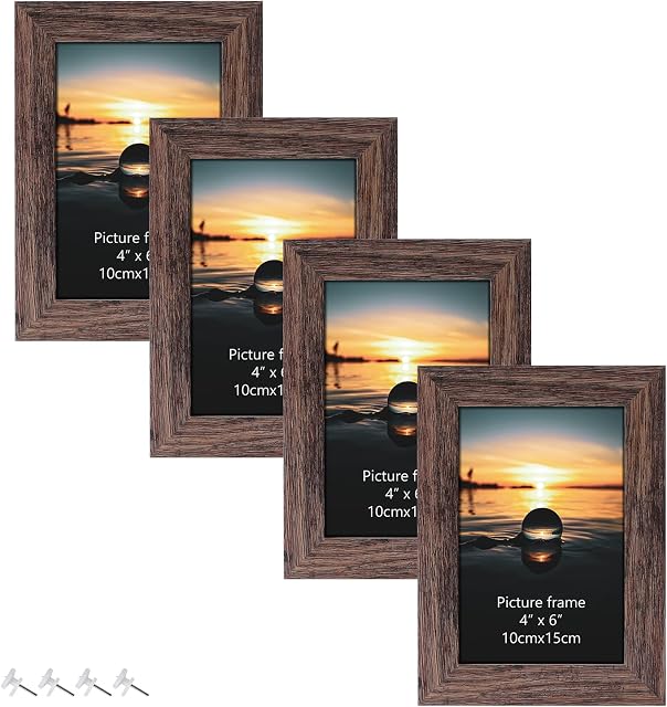 HORLIMER 6x4 Photo Frames Set of 4, Wooden Picture Frames Rustic Brown for Tabletop or Wall Mounting