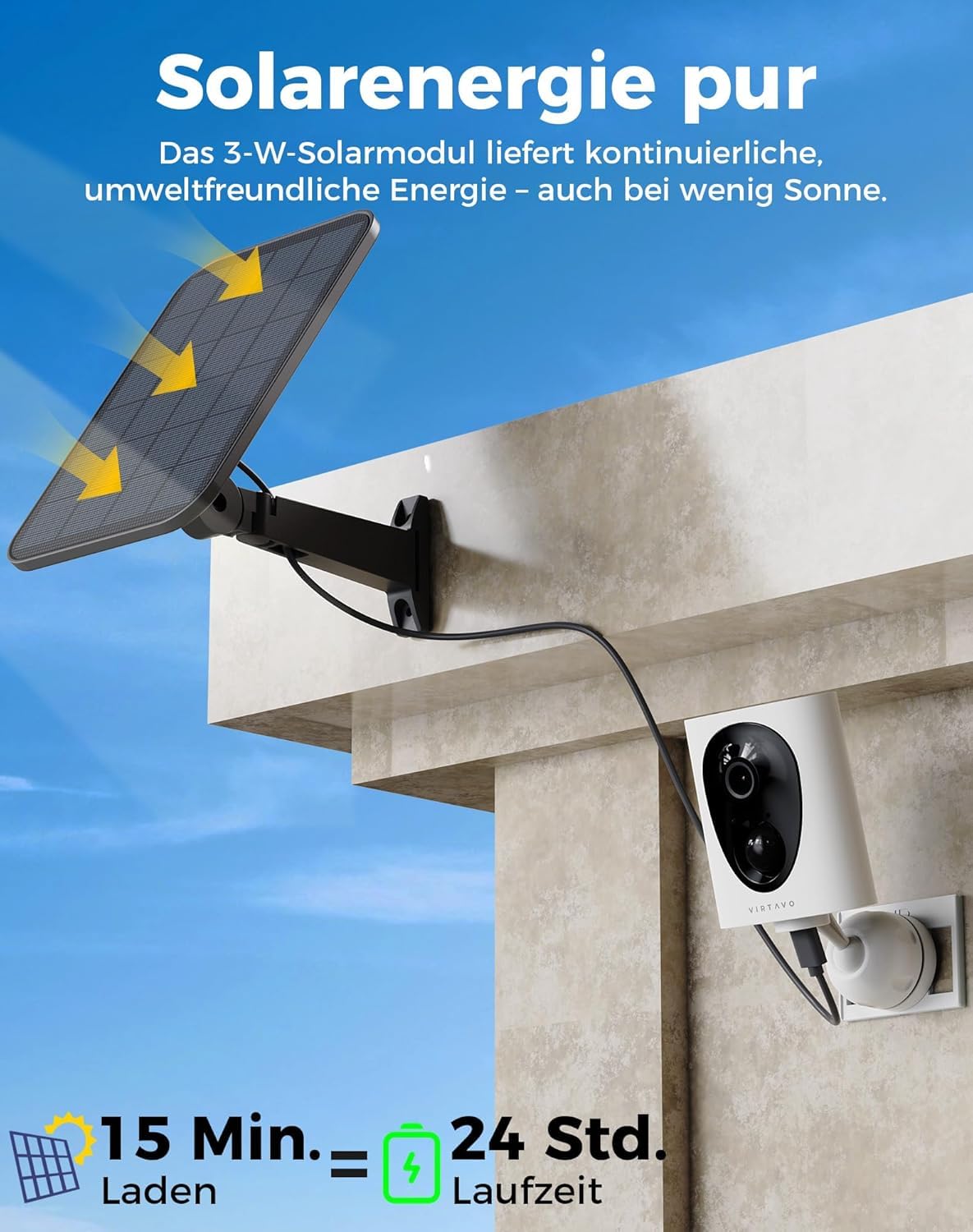 VIRTAVO 2K 3MP Überwachungskamera Aussen Solar, Kamera Aussen Akku, Starlight Farb‑Nachtsicht, 2.4GHz Kabellos mit PIR‑Bewegungserkennung, 2‑Wege Audio, SD/Cloud ohne Pflicht‑ABO, SF1