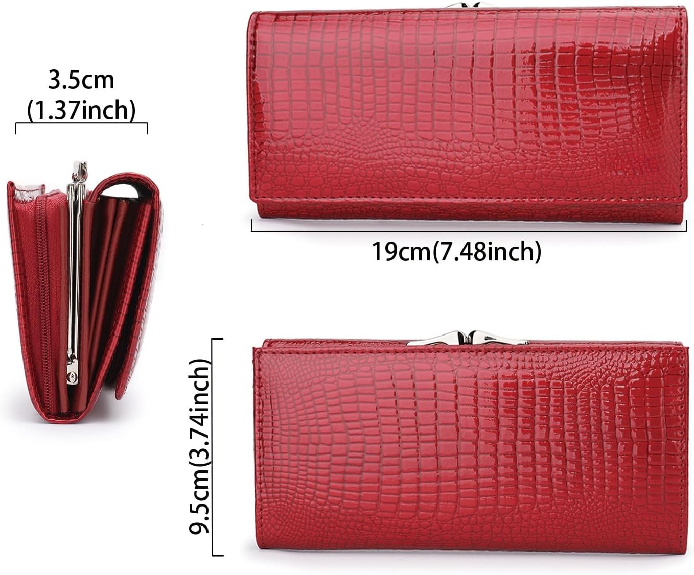 Glossy Crocodile Embossed Leather Women's Wallet, RFID Blocking with 8 Card Slots & Kiss Lock, Holds 6.3" Phone (maroon)