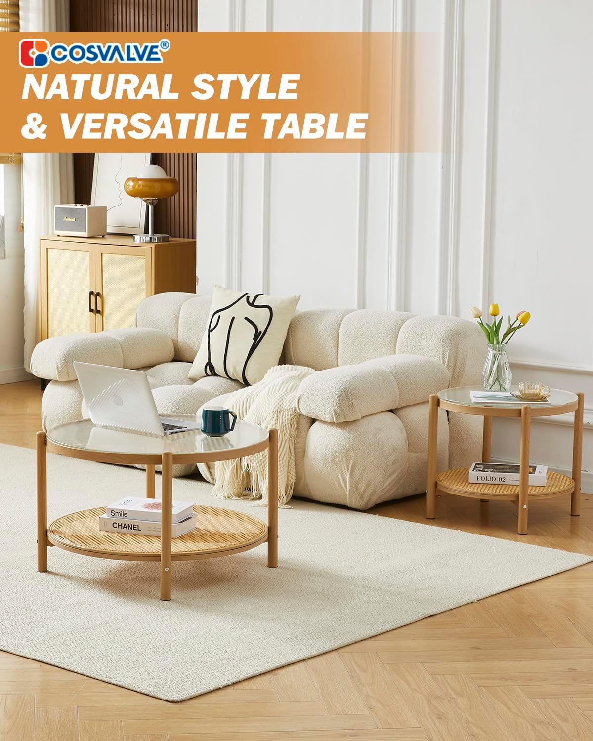 COSVALVE 27.5" Boho Rattan Coffee Table, Round Glass Metal Center Table, Modern Simple 2 Tier Middle Table for Small Space Living Room Bedroom Office Meeting Room