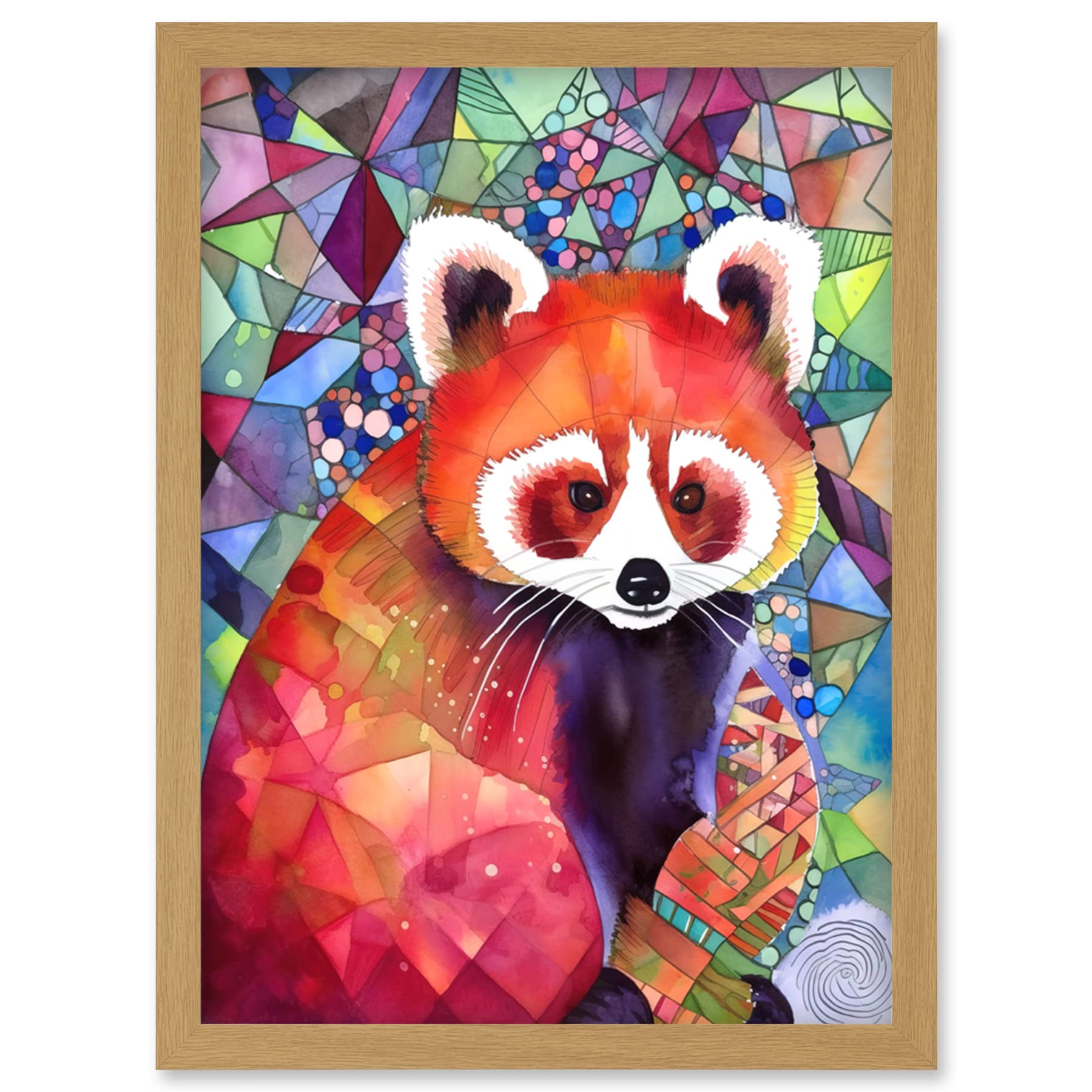 Artery8 Red Panda Polygon Pattern Folk Art Artwork Framed Wall Art Print A4
