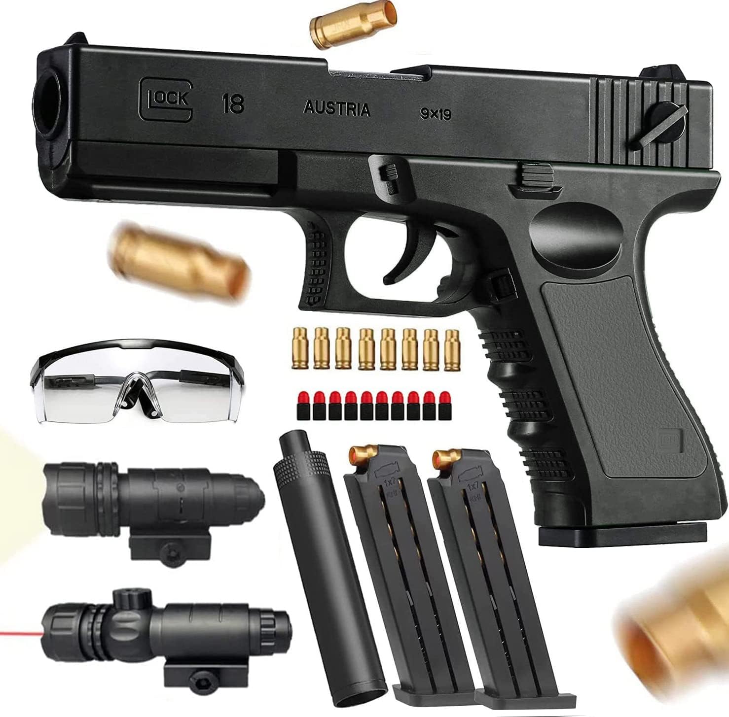 Dress-Up Accessories Glock Soft Bullet Toy Gun - with Magazine and Bullets silencer,Children's Gift(Black)