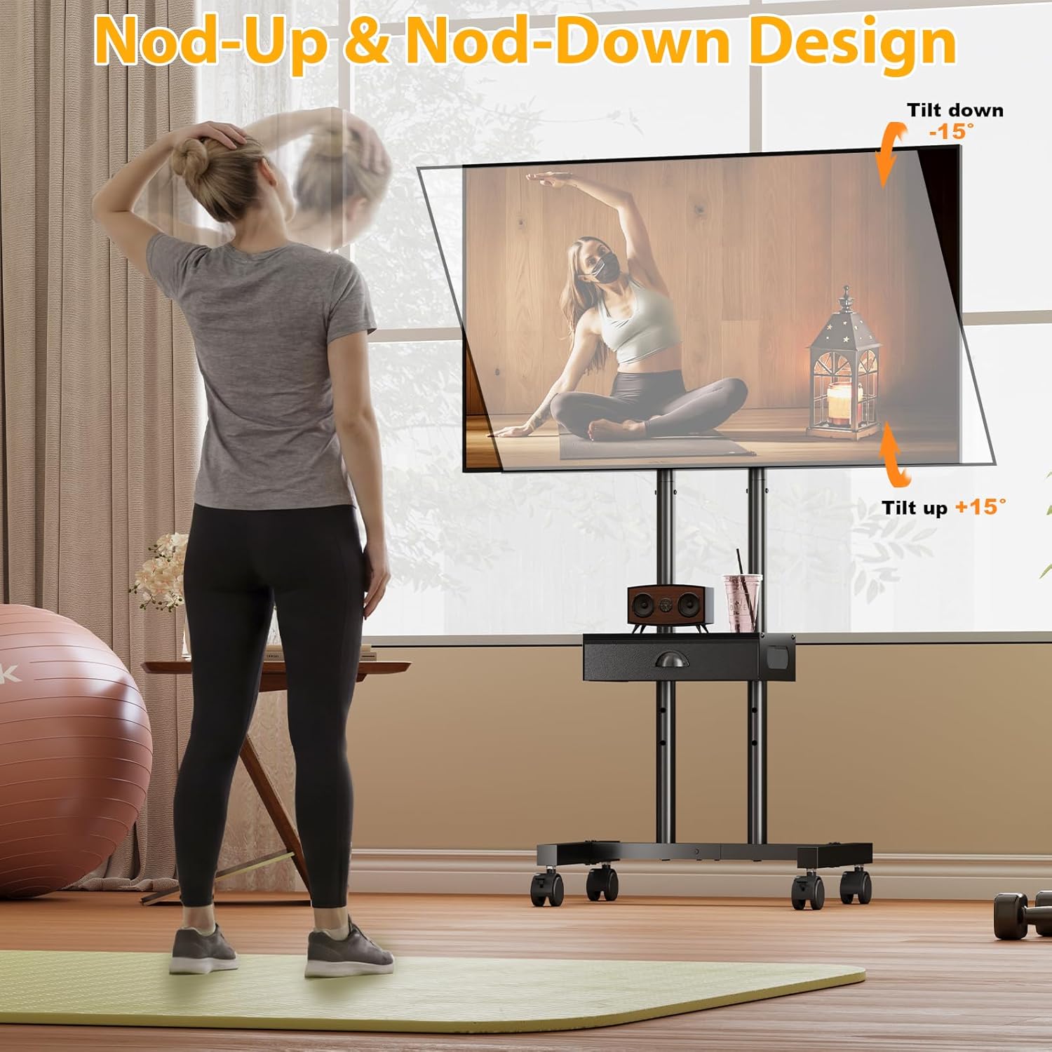 Rolling TV Stand with Drawer for 32-75 Inch TVs, Mobile TV Cart with 360° Wheels & Height Adjustable Shelf for Home & Office, Max VESA 600x400mm, Black