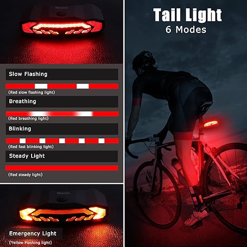 Miniatura 9 de WSDCAM Luz trasera inteligente para bicicleta con señales de giro y luz de freno, bocina de alarma de bicicleta con control remoto, encendidoapagado