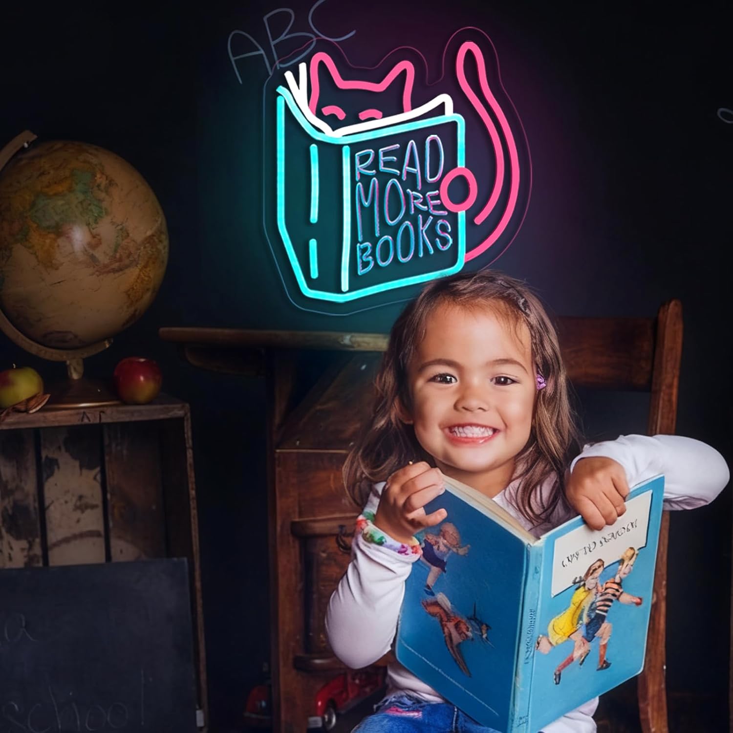 Read More Books Neon Sign Read Books and Be Kind Neon Signs for Wall Decor Cute Animal Reading USB Dimmable LED Lights for Student Suitable for Classroom Bookstore Library Museum Study Room Gift for Teen Boys Girls Christmas