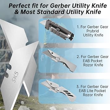Utility Knife Blades for Gerber Utility Knife, 20 Pack Replacement Blades, Durable SK5 Steel Heavy Duty Box Cutter, Non-Rusting with Plastic Case, for Most Standard Utility Knives