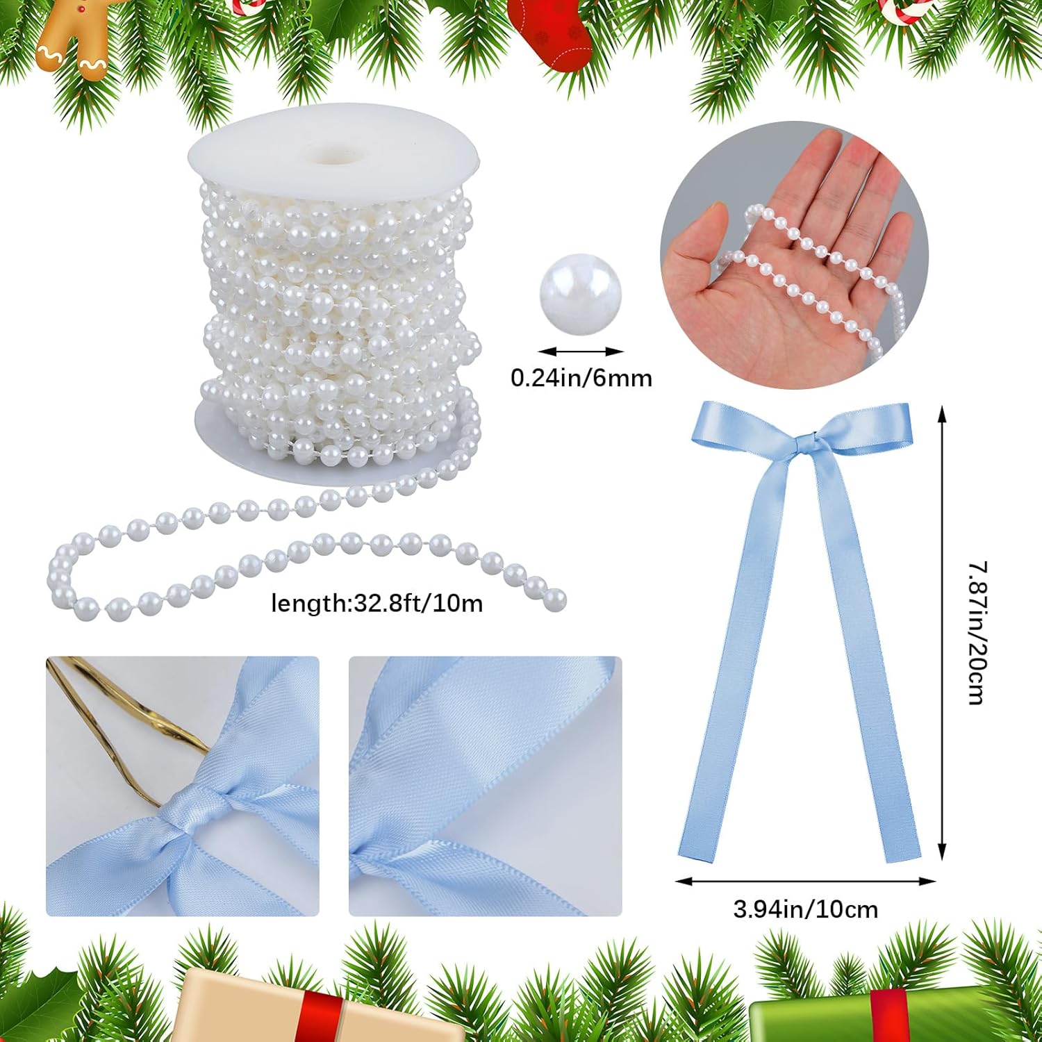 Jutom 24 Pcs Valentines Tree Bows Decoration Valentines Blue Satin Bows Ornaments with Faux Pearl Beads for Tree Galentines Wedding Anniversary Coquette Birthday Party Holiday Decor, 3.94x7.87inch - Image 2