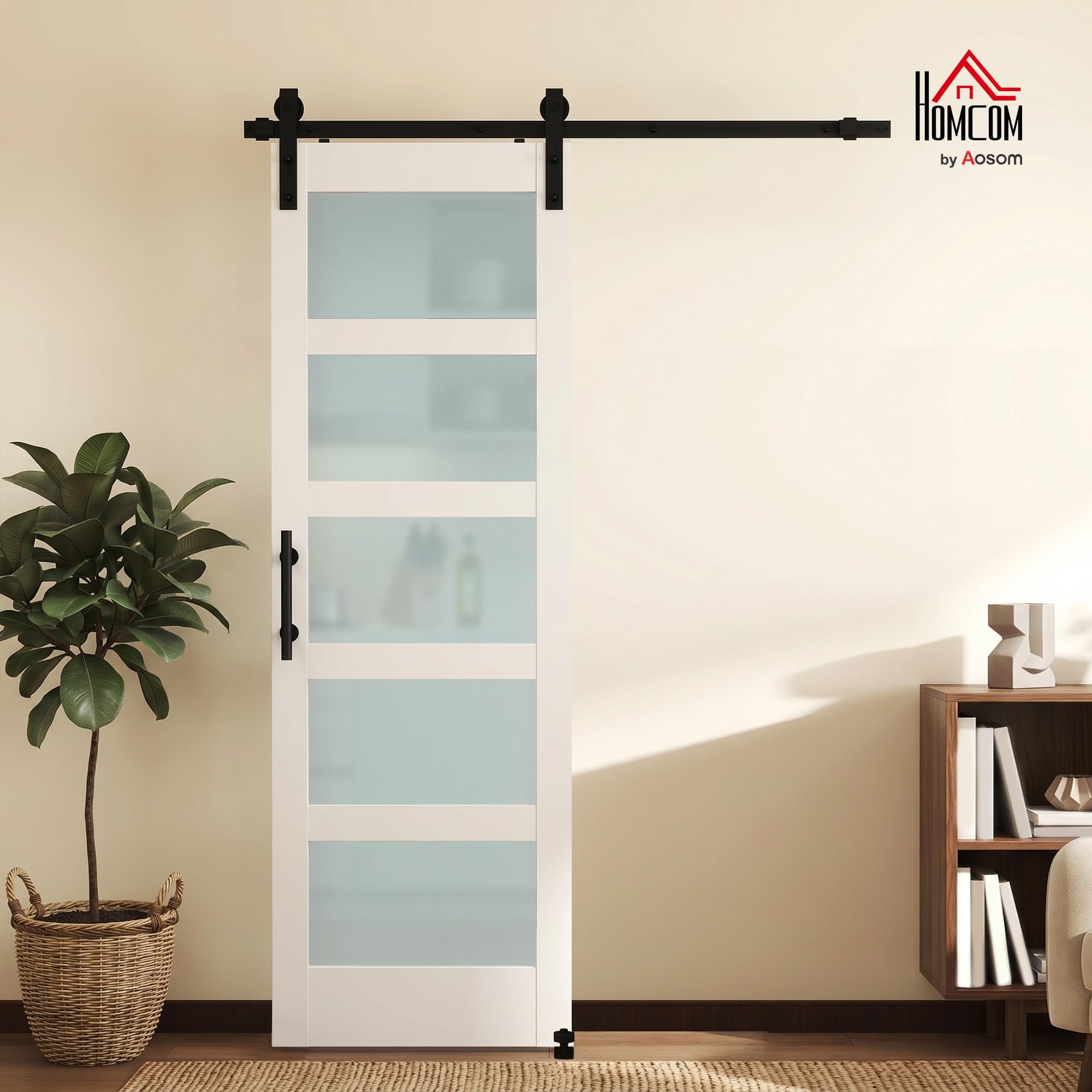 HOMCOM Puerta Corredera con Herrajes 71x213 cm Interior para Baño Blanco | MDF y Vidrio Esmerilado, Rodillo, Riel, Guía de Suelo, para Salón, Sala de Estar