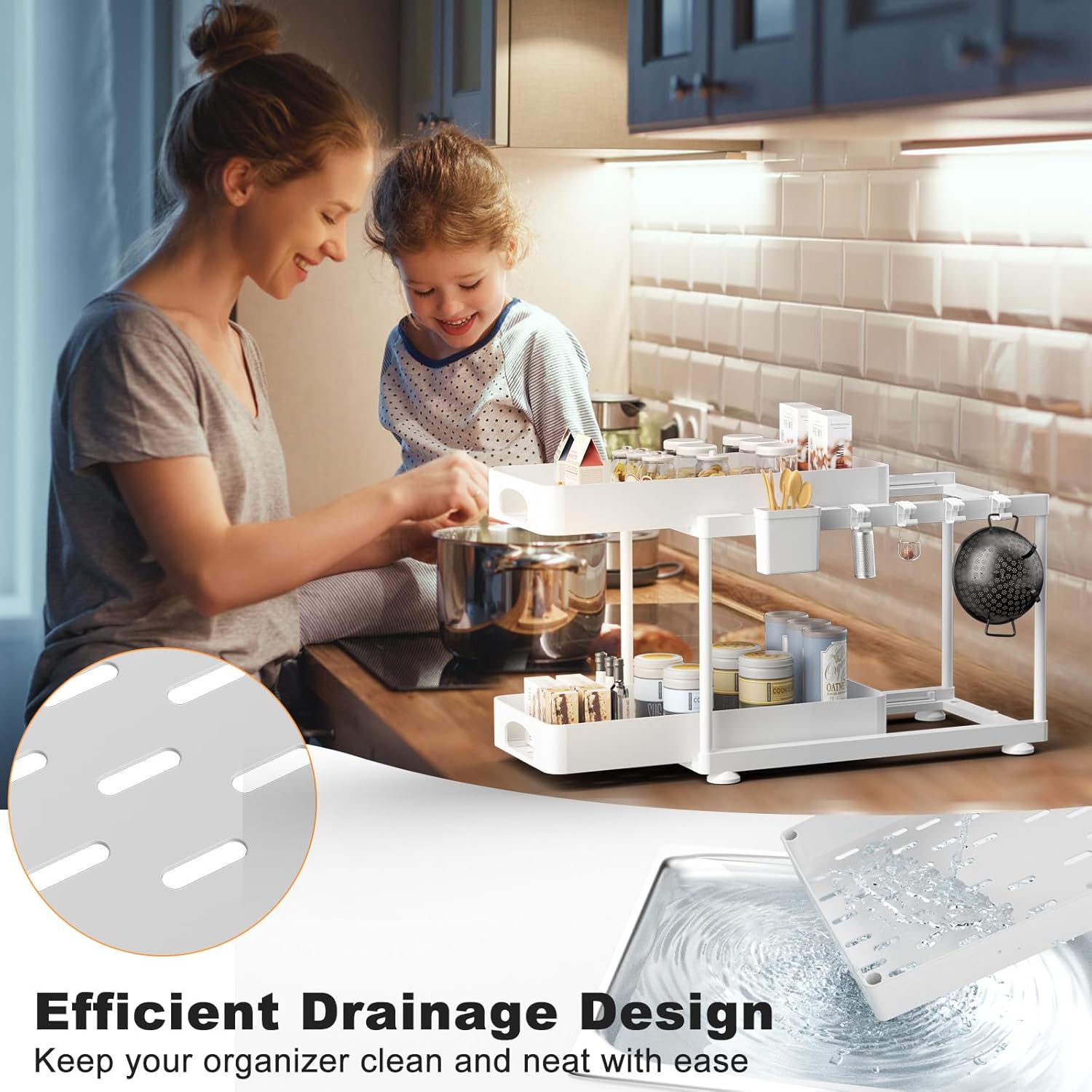 Under Sink Organizer, Under Kitchen Sink Organizer, 2 Pack Bathroom Cabinet Organizers and Storage, 2 Tier Pull-Out Multi-Purpose Storage Organizers for Bathroom Kitchen Cabinet, White - Image 7