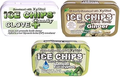 ICE CHIPS Xylitol Candy 3 Pack Assortment (Clove, Ginger, Menthol Eucalyptus) Includes Band as Shown